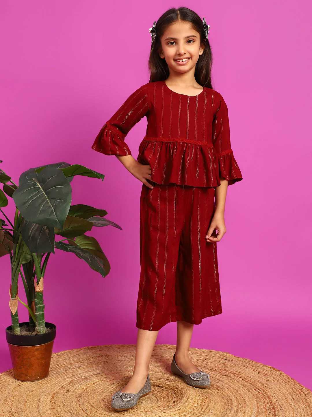 Girls Maroon Rayon Striped Top With Palazzo Co-Ord Set