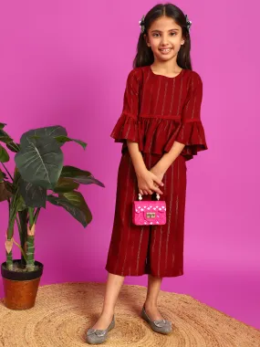 Girls Maroon Rayon Striped Top With Palazzo Co-Ord Set