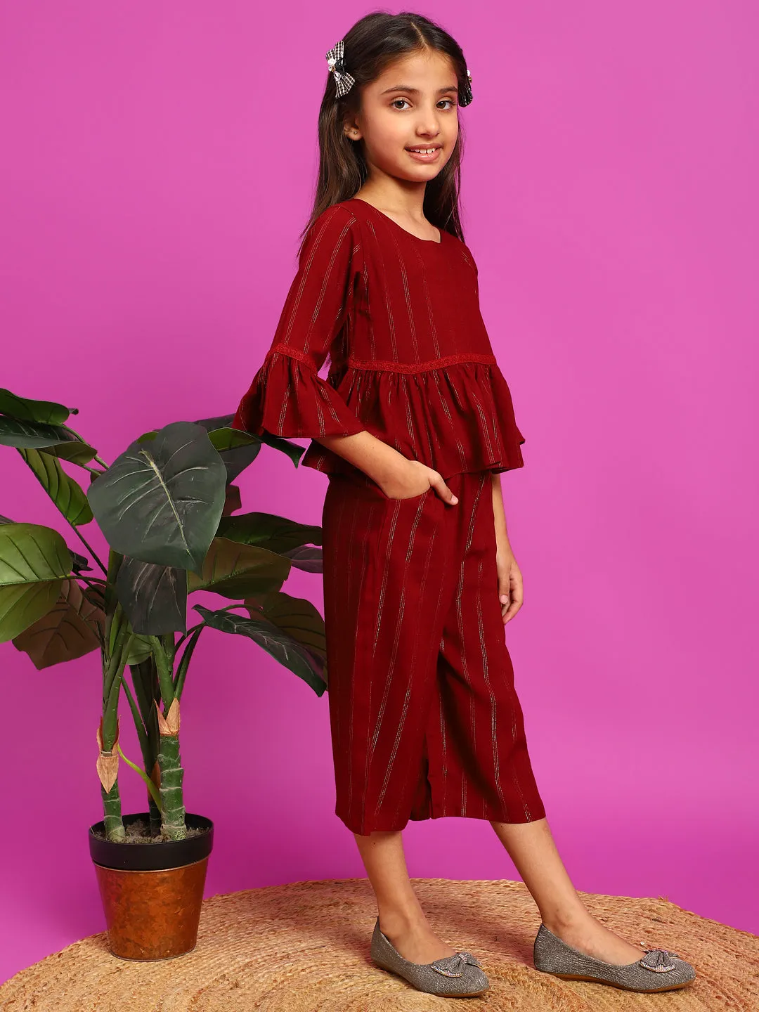 Girls Maroon Rayon Striped Top With Palazzo Co-Ord Set