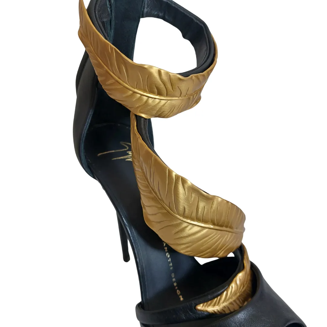 Giuseppe Zanotti Black Leather Gold Leaf Ankle Strap Heels | Brand New |