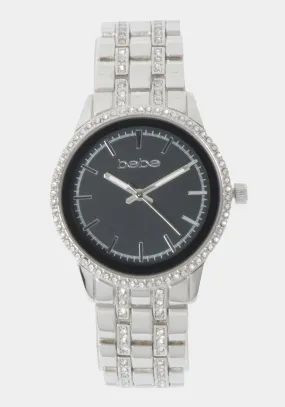 Glossy Black Dial Crystal Bezel Watch