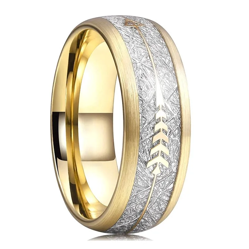 Gold Brushed Tungsten With Silver Meteorite & Gold Arrow Inlay Ring (8mm)