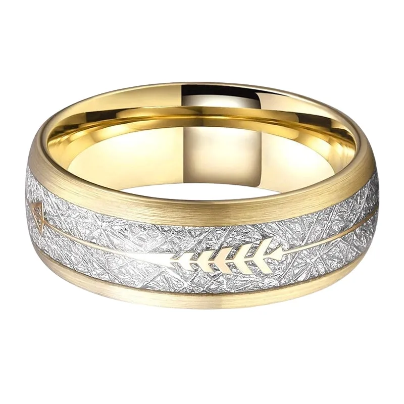 Gold Brushed Tungsten With Silver Meteorite & Gold Arrow Inlay Ring (8mm)