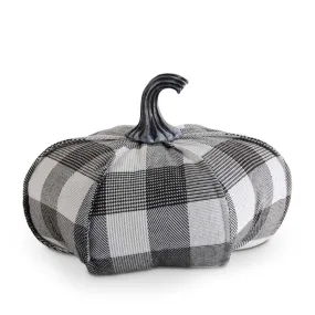 Gray and Black Plaid Fabric Pumpkin with Stem