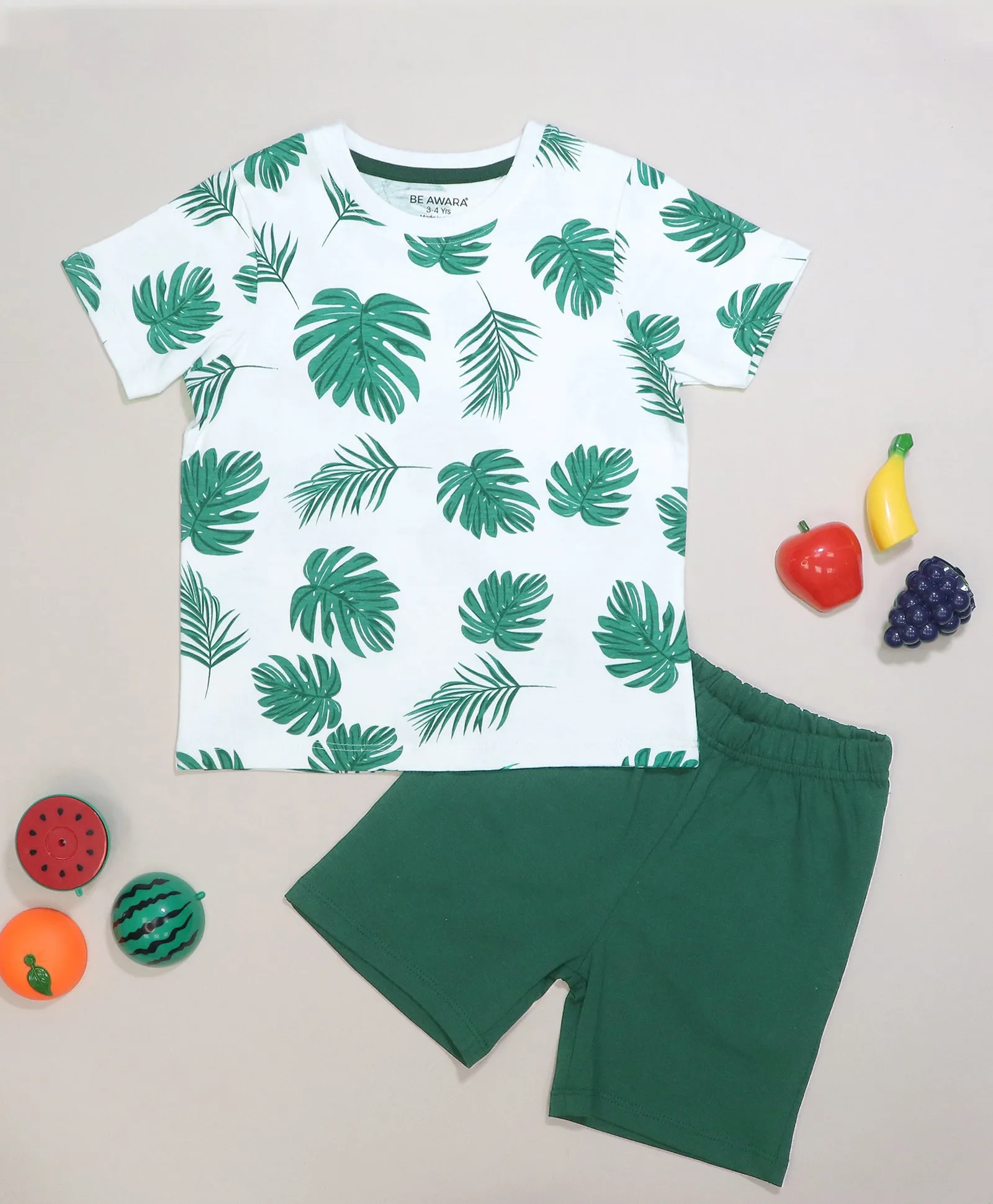 Green Leafs Print Half Sleeves T-Shirt & Shorts Set