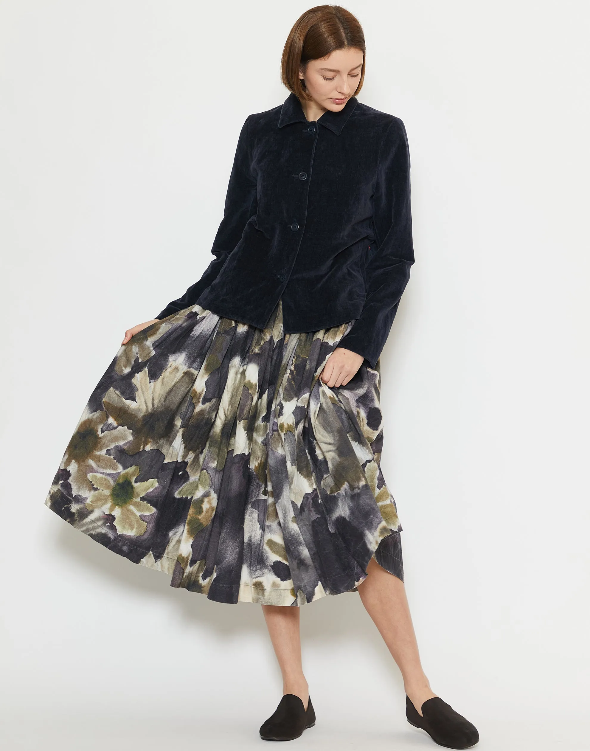 Khaki Blotch Print Cotton Double Rideaux Skirt