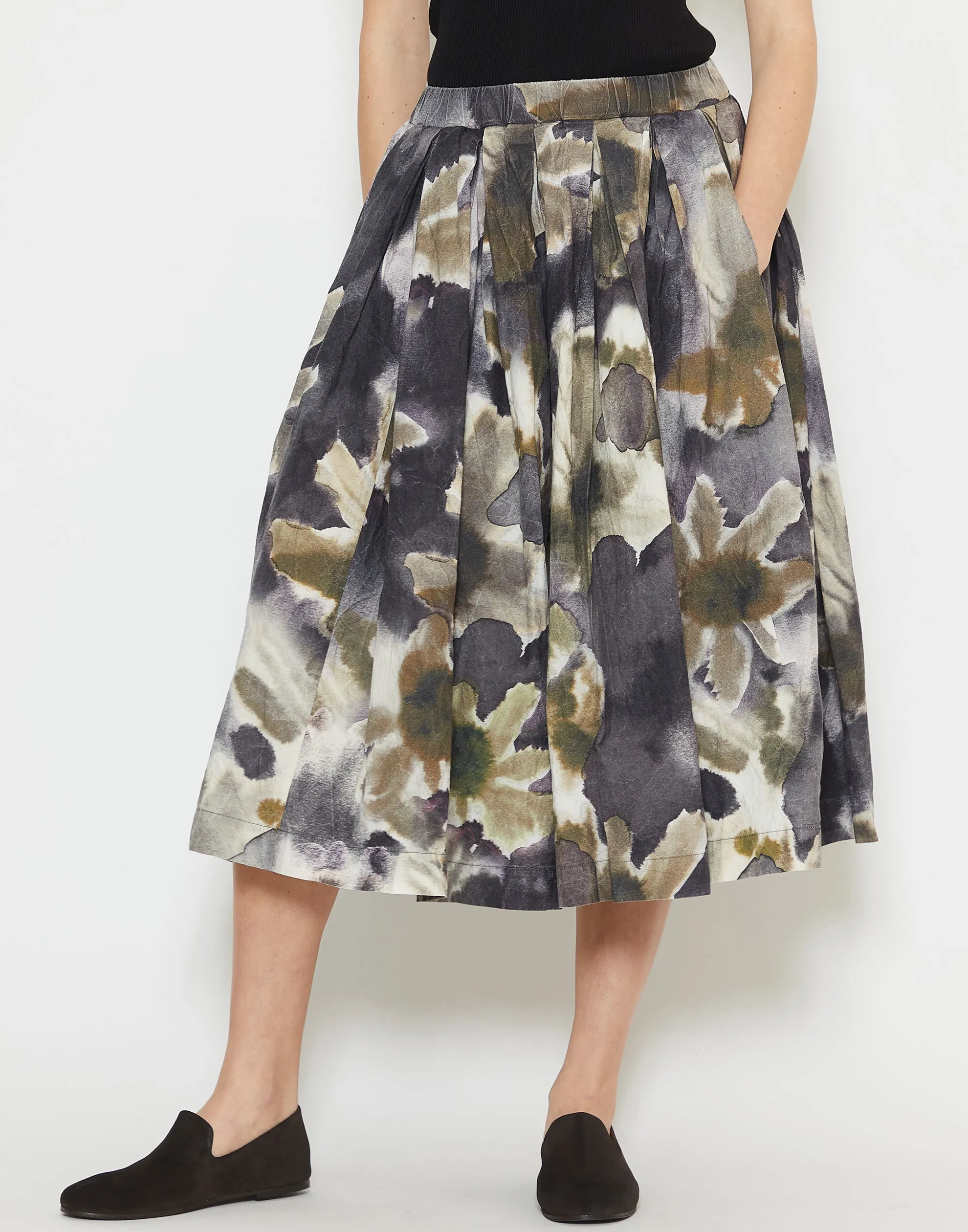 Khaki Blotch Print Cotton Double Rideaux Skirt