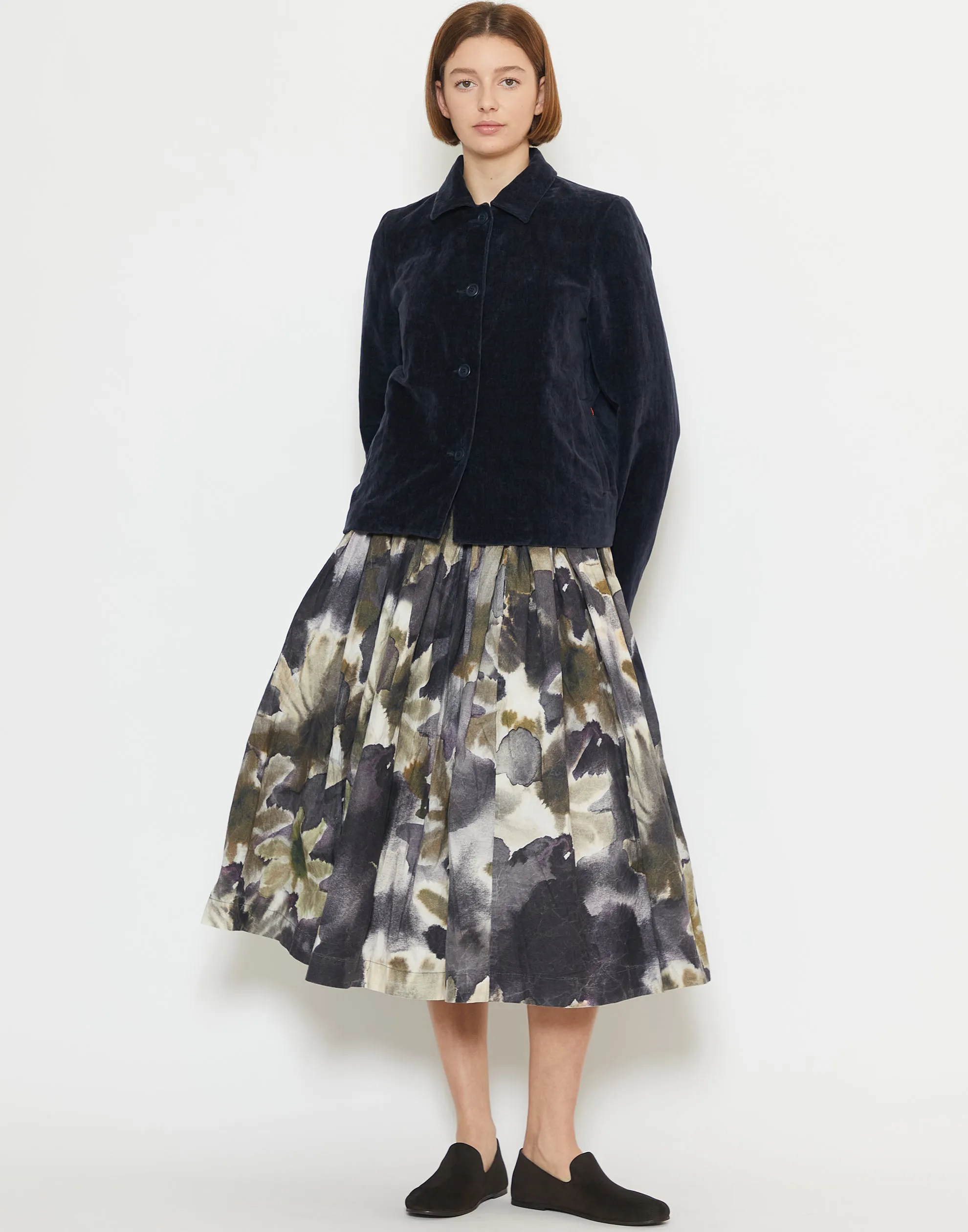 Khaki Blotch Print Cotton Double Rideaux Skirt