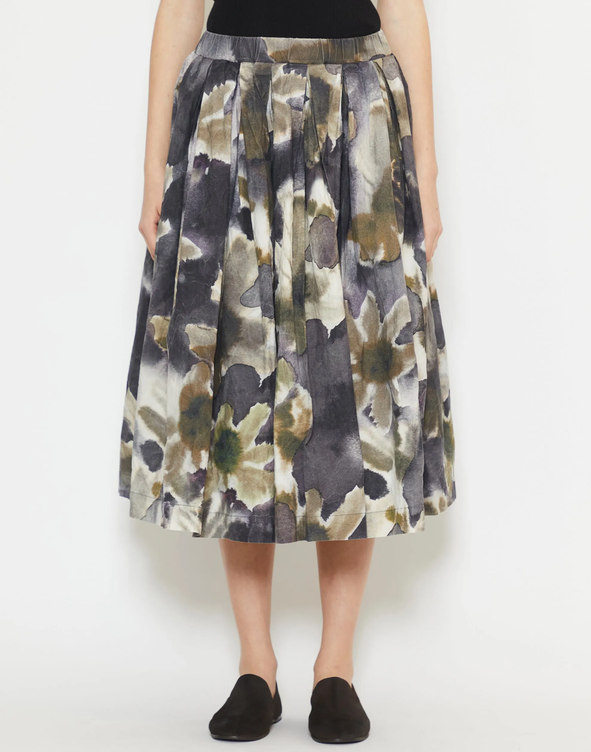 Khaki Blotch Print Cotton Double Rideaux Skirt