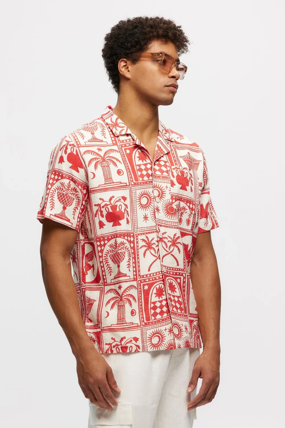 Kuwalla Linen Printed Yacht Shirt (Red/White)