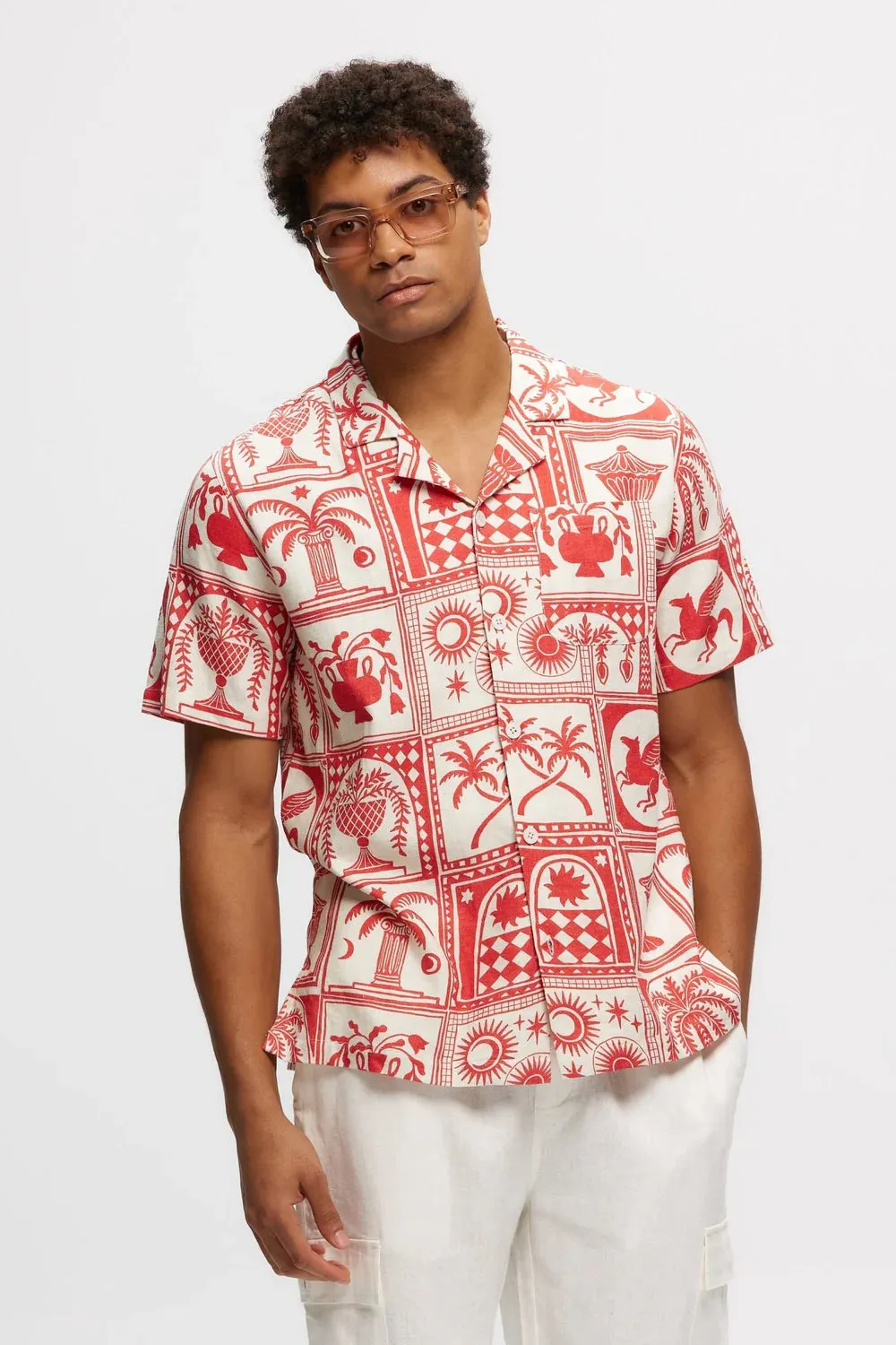 Kuwalla Linen Printed Yacht Shirt (Red/White)