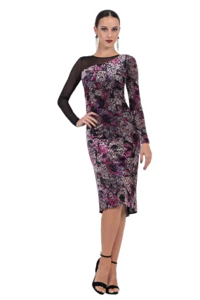 Long-Sleeve Printed Velvet Fishtail Dress With Mesh Details