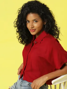 Maroon Half Sleeves Crop Shirt With Cuban Collar