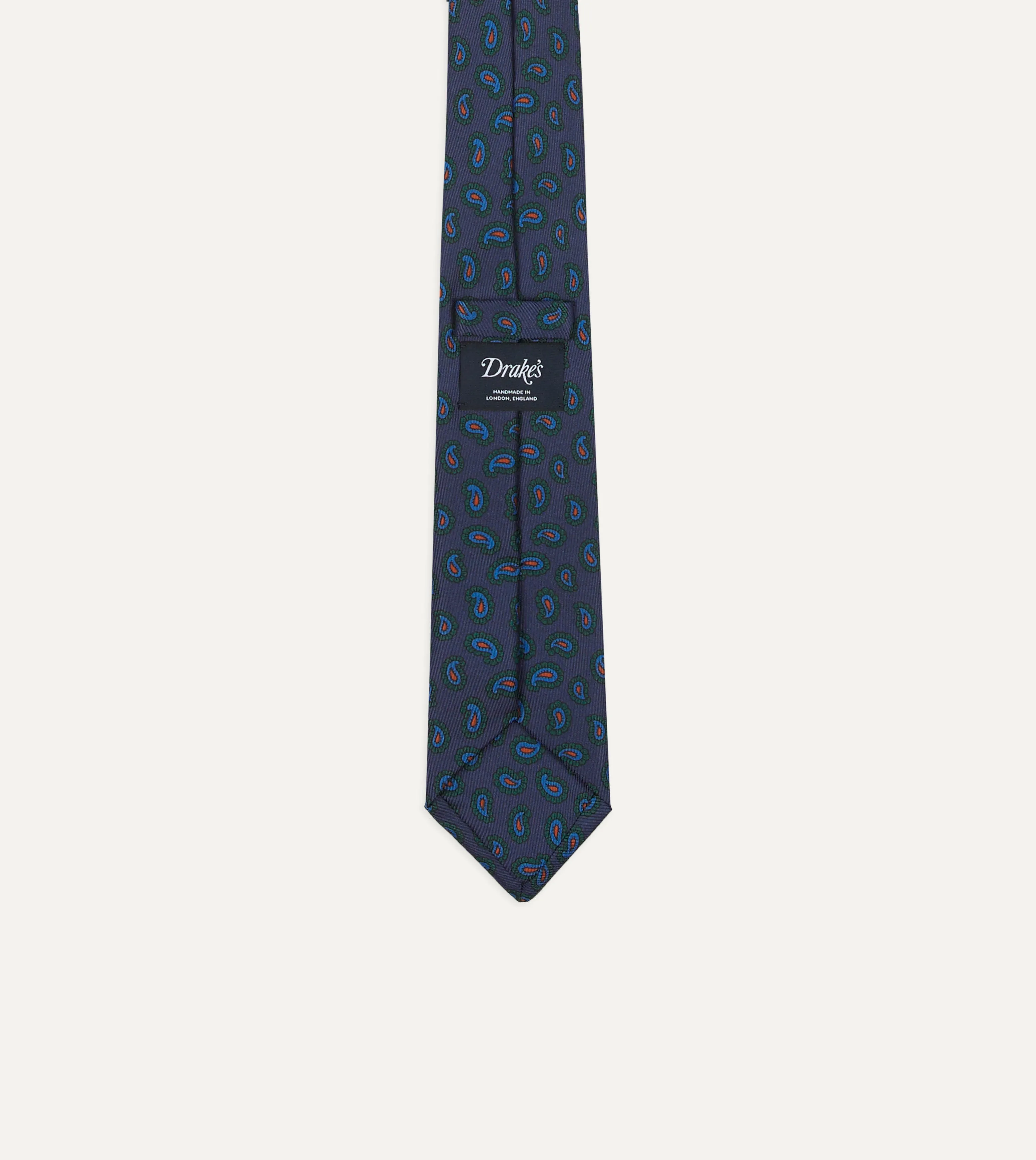 Navy and Green Paisley Leaf Print Silk Self-Tipped Tie