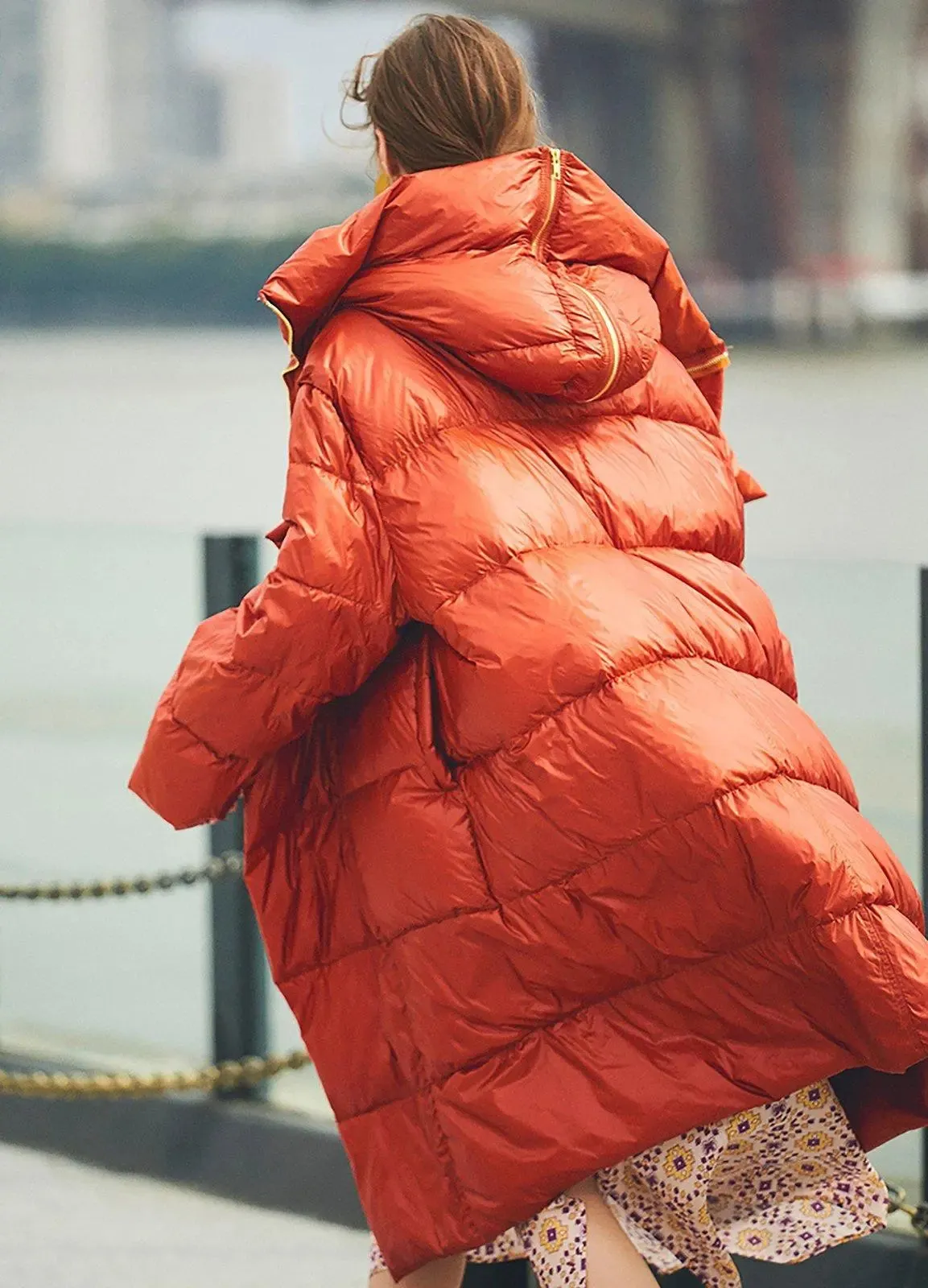 Orange Hooded Goose Down Coat