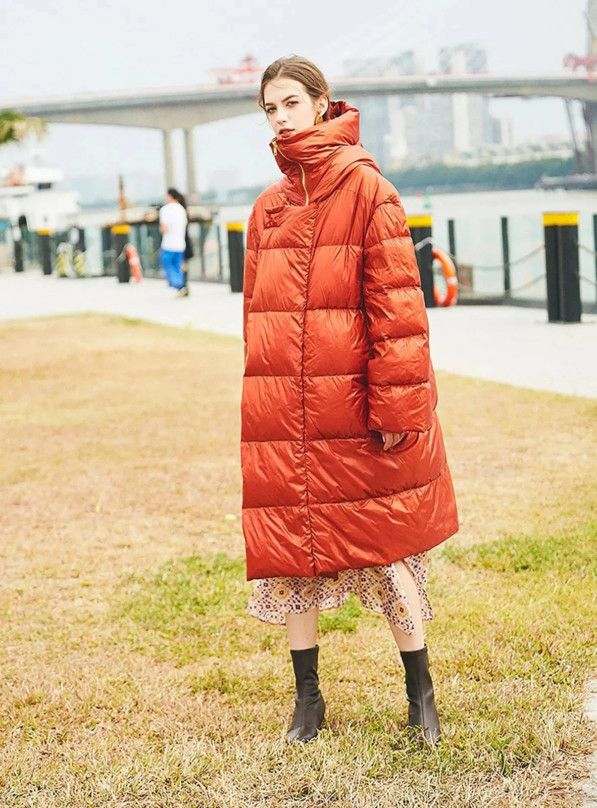 Orange Hooded Goose Down Coat