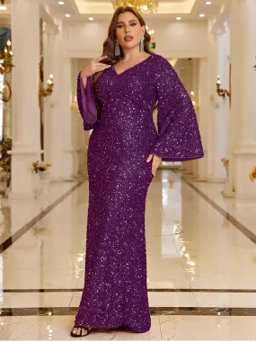 Plus Size V Neck Long Sleeve Sparkling Evening Gown