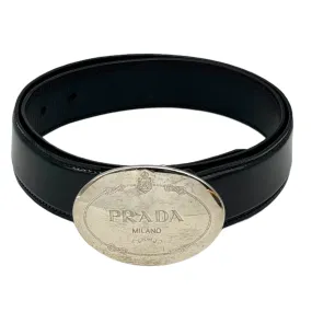 PRADA Patent Leather Belt with Silver Oval Logo Buckle - Black