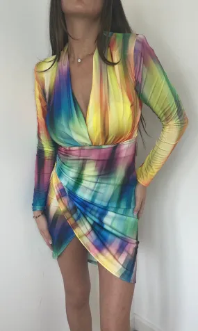 Rainbow Print Mini Wrap Dress