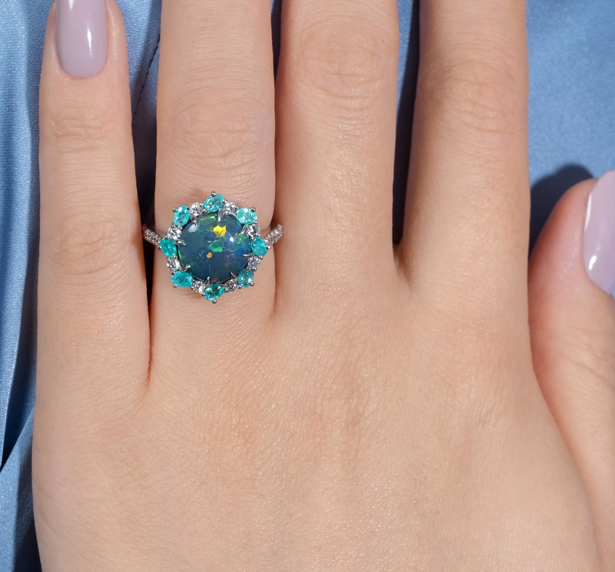 Rare 3.68ctct Australian Black OPAL PARAIBA Tourmaline DIAMOND Cluster Platinum Ring