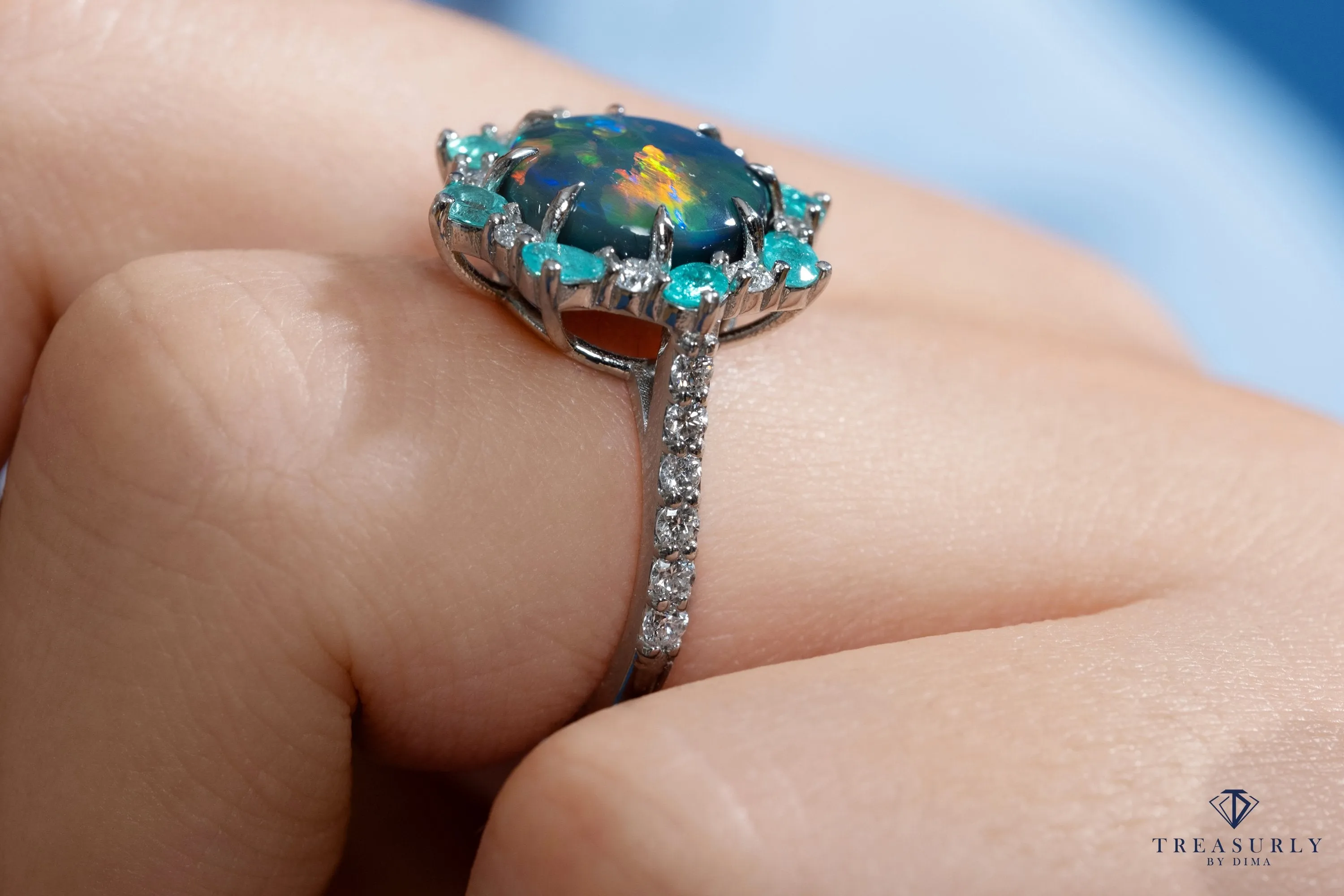 Rare 3.68ctct Australian Black OPAL PARAIBA Tourmaline DIAMOND Cluster Platinum Ring