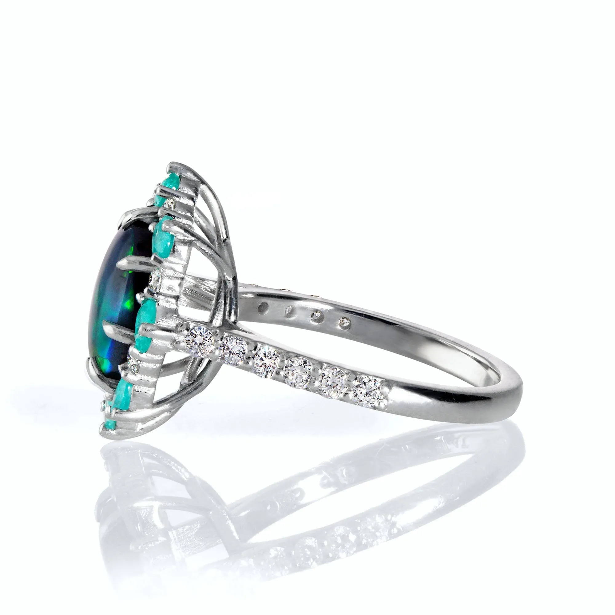 Rare 3.68ctct Australian Black OPAL PARAIBA Tourmaline DIAMOND Cluster Platinum Ring