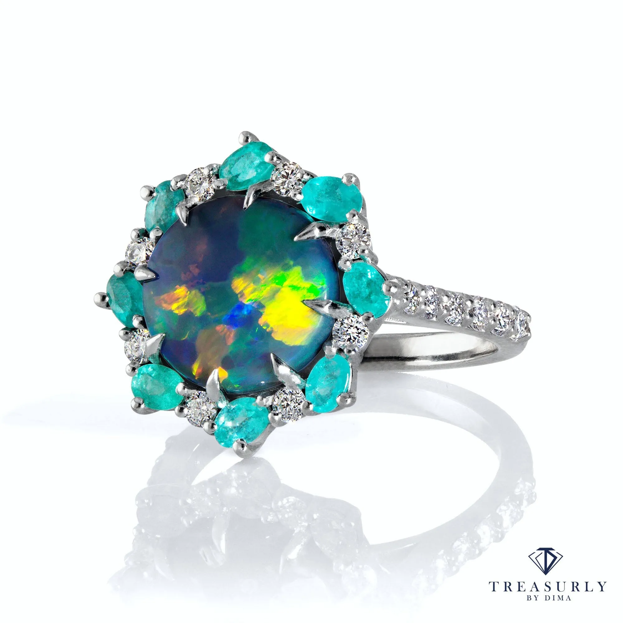 Rare 3.68ctct Australian Black OPAL PARAIBA Tourmaline DIAMOND Cluster Platinum Ring