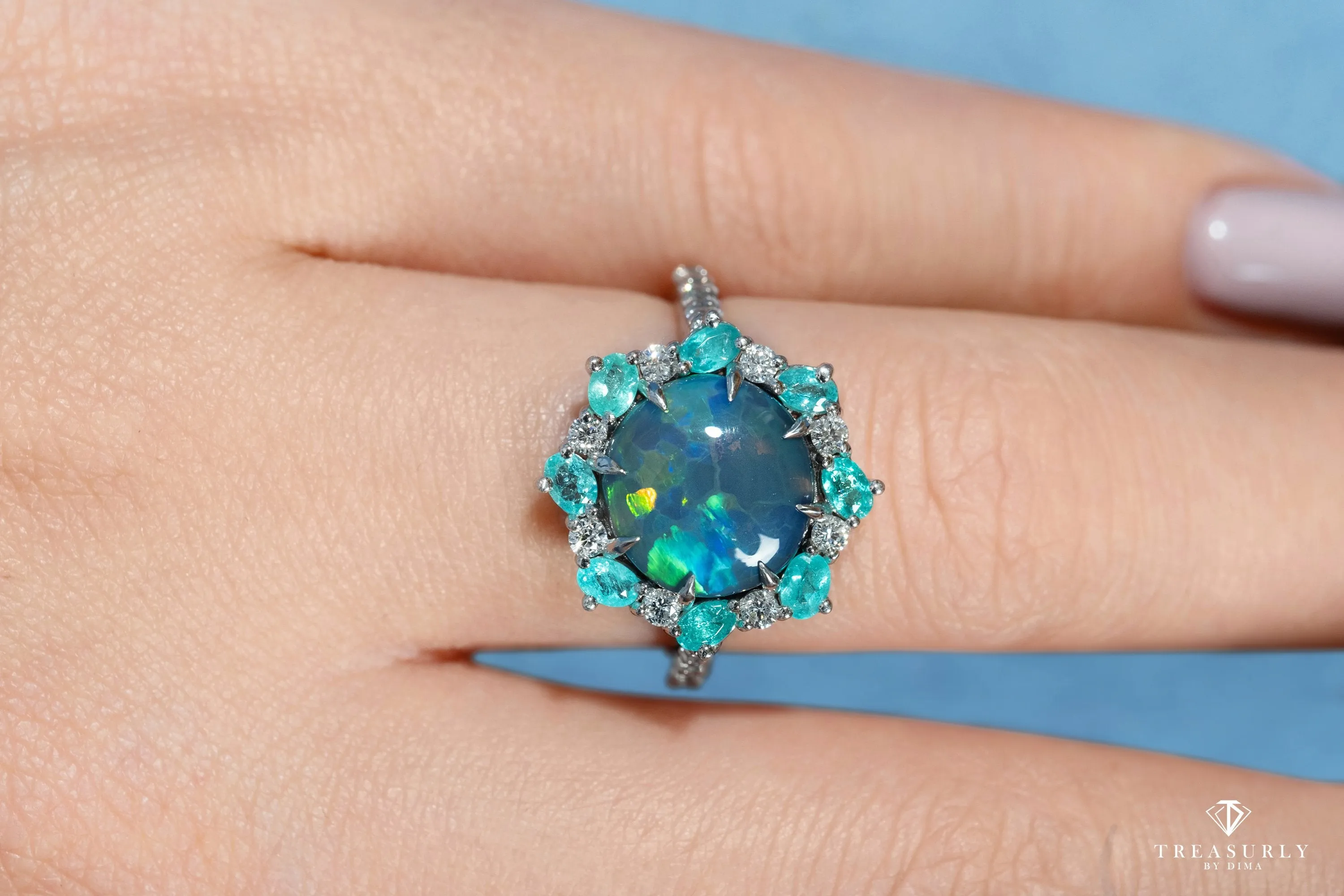 Rare 3.68ctct Australian Black OPAL PARAIBA Tourmaline DIAMOND Cluster Platinum Ring