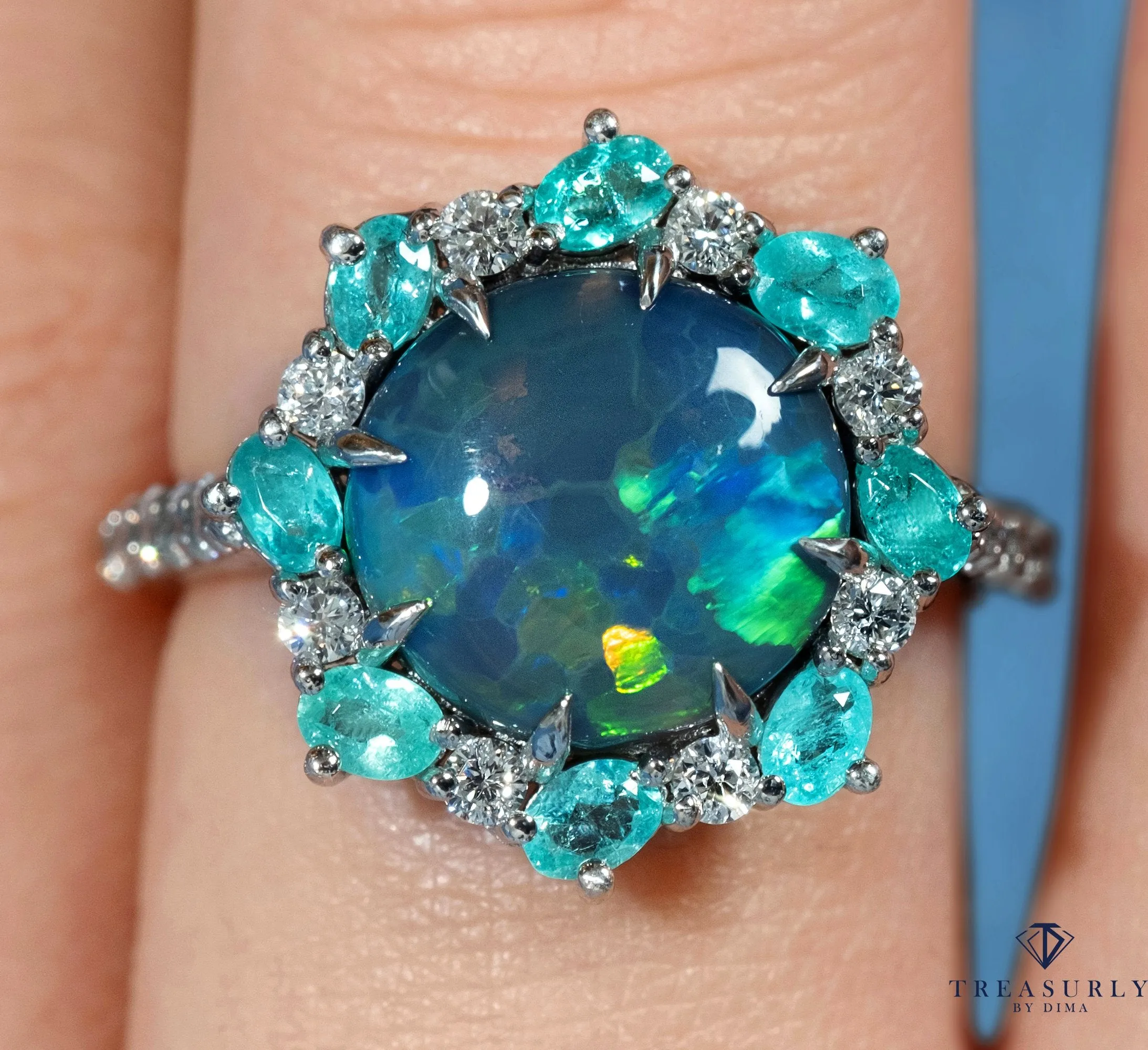 Rare 3.68ctct Australian Black OPAL PARAIBA Tourmaline DIAMOND Cluster Platinum Ring