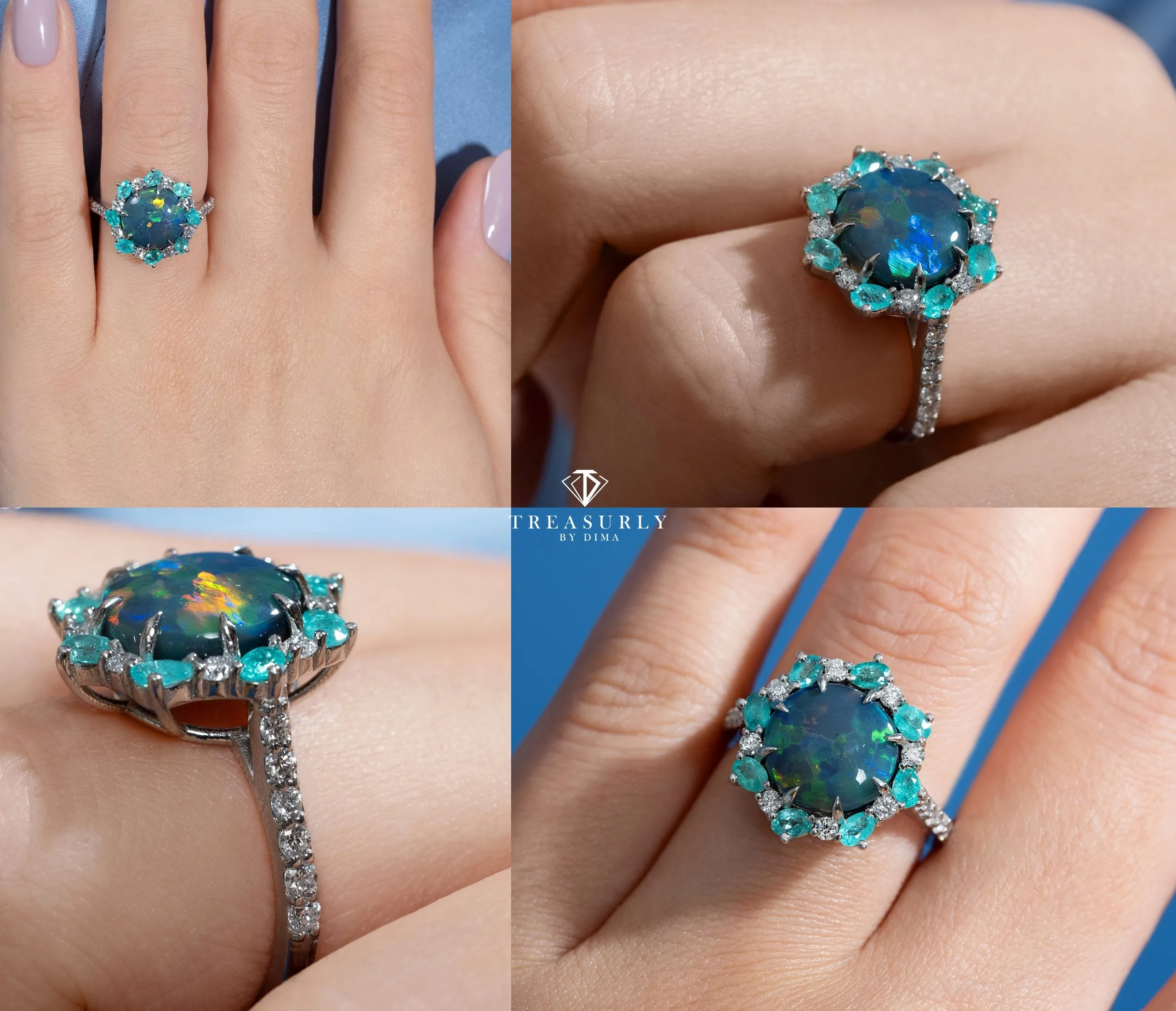 Rare 3.68ctct Australian Black OPAL PARAIBA Tourmaline DIAMOND Cluster Platinum Ring