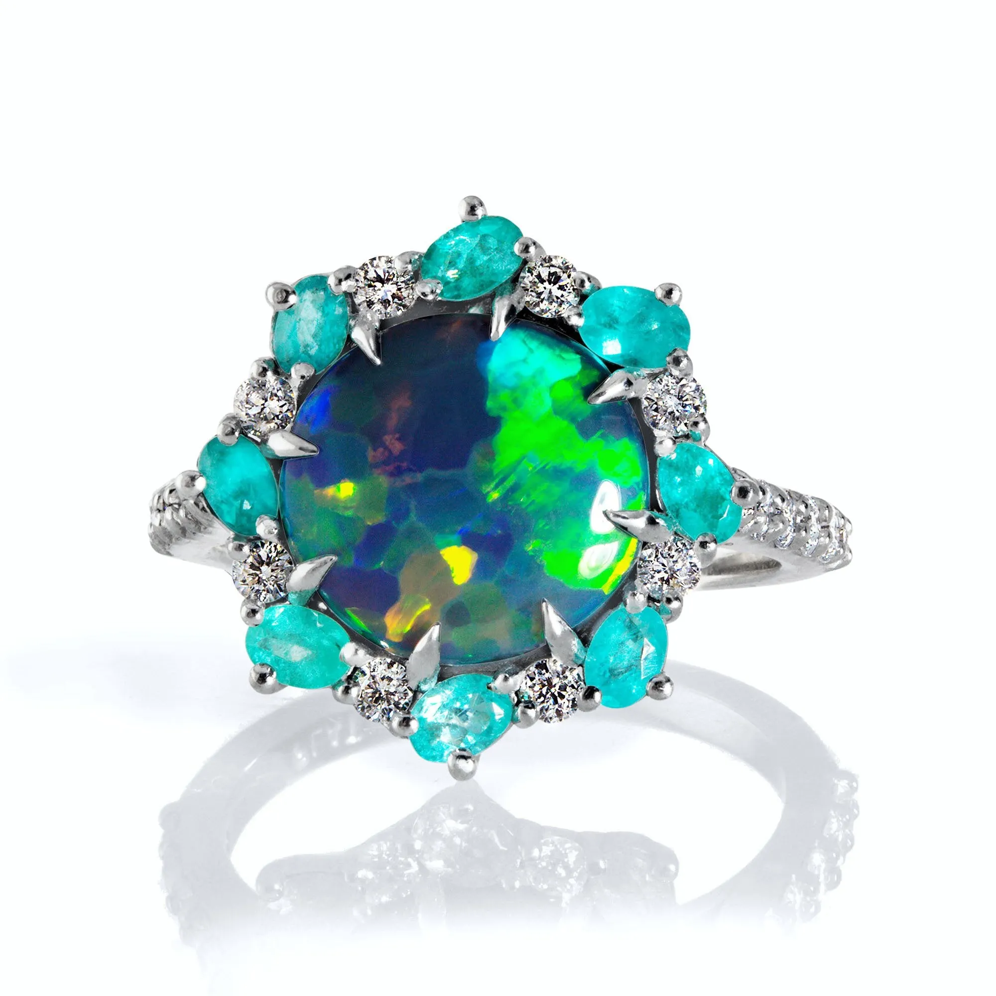 Rare 3.68ctct Australian Black OPAL PARAIBA Tourmaline DIAMOND Cluster Platinum Ring