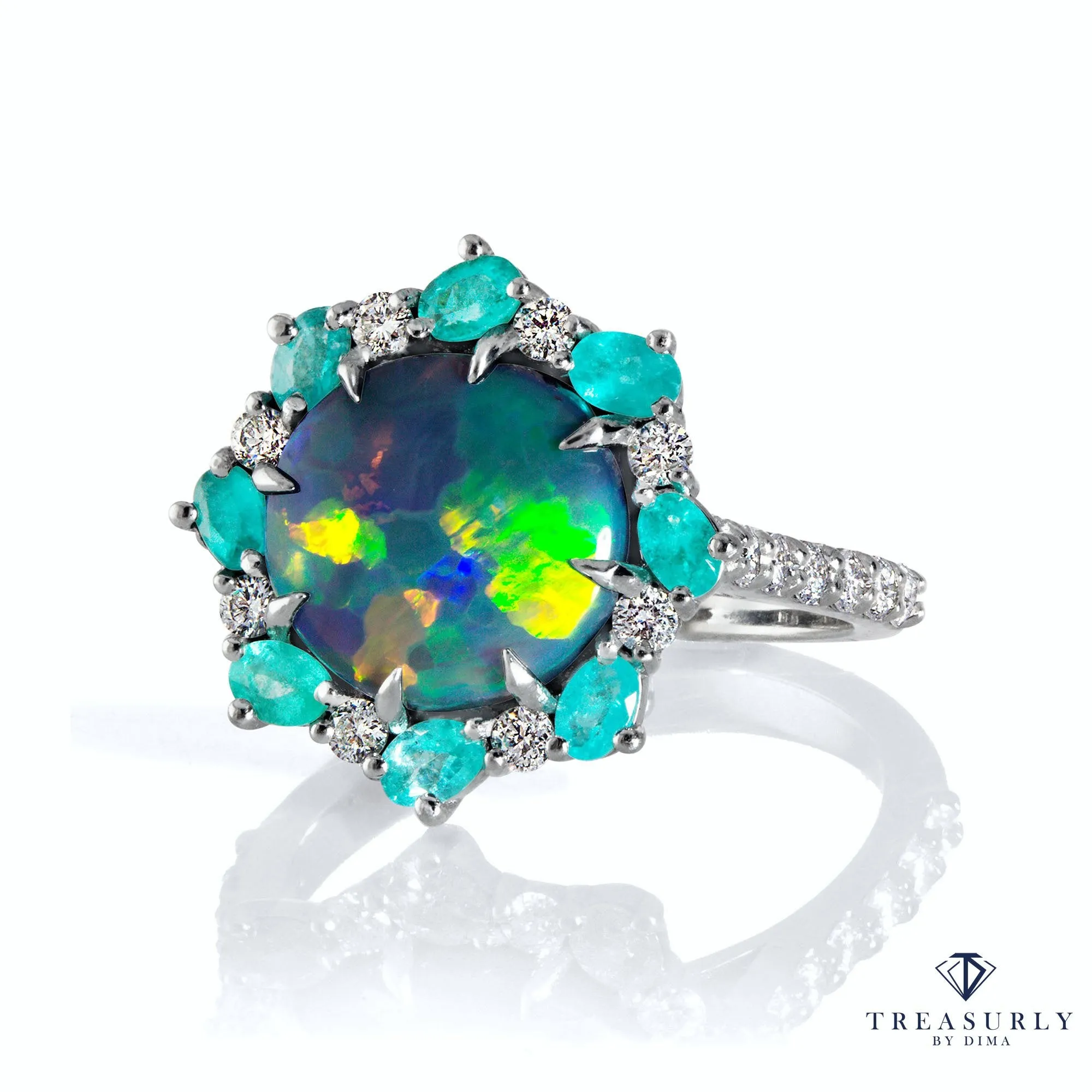 Rare 3.68ctct Australian Black OPAL PARAIBA Tourmaline DIAMOND Cluster Platinum Ring