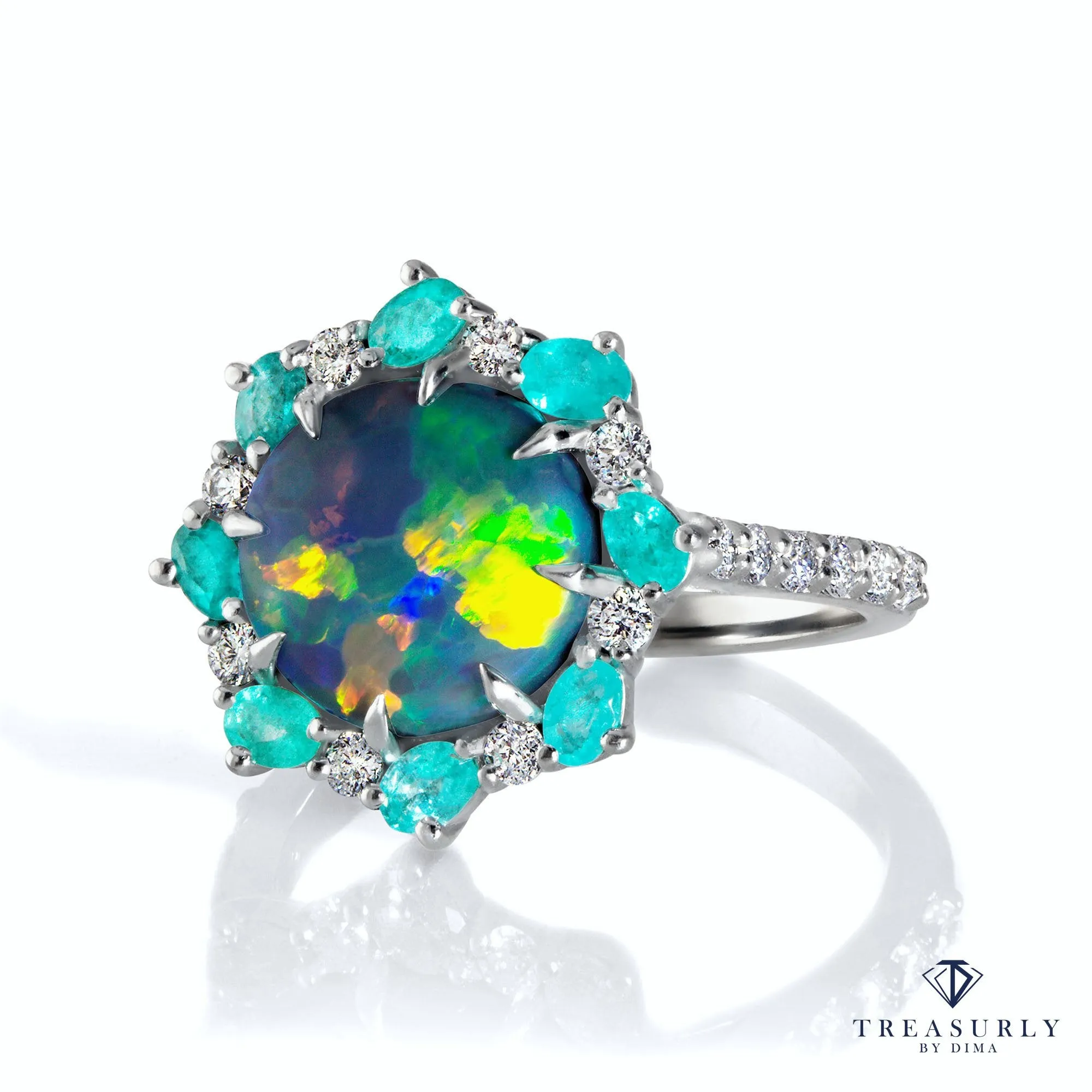 Rare 3.68ctct Australian Black OPAL PARAIBA Tourmaline DIAMOND Cluster Platinum Ring