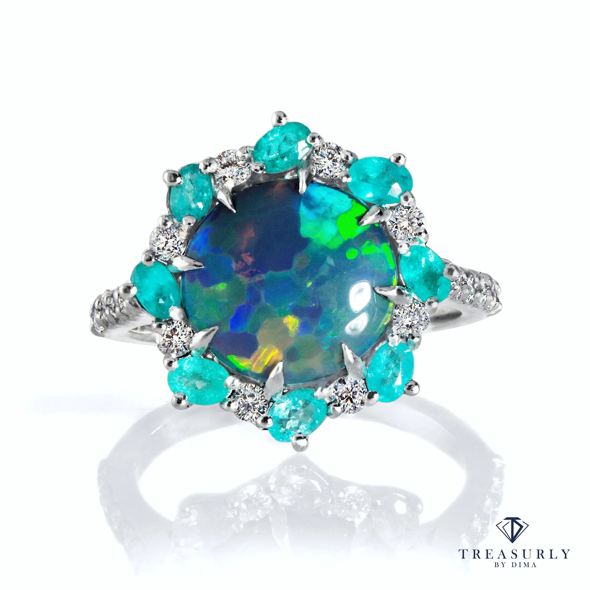 Rare 3.68ctct Australian Black OPAL PARAIBA Tourmaline DIAMOND Cluster Platinum Ring