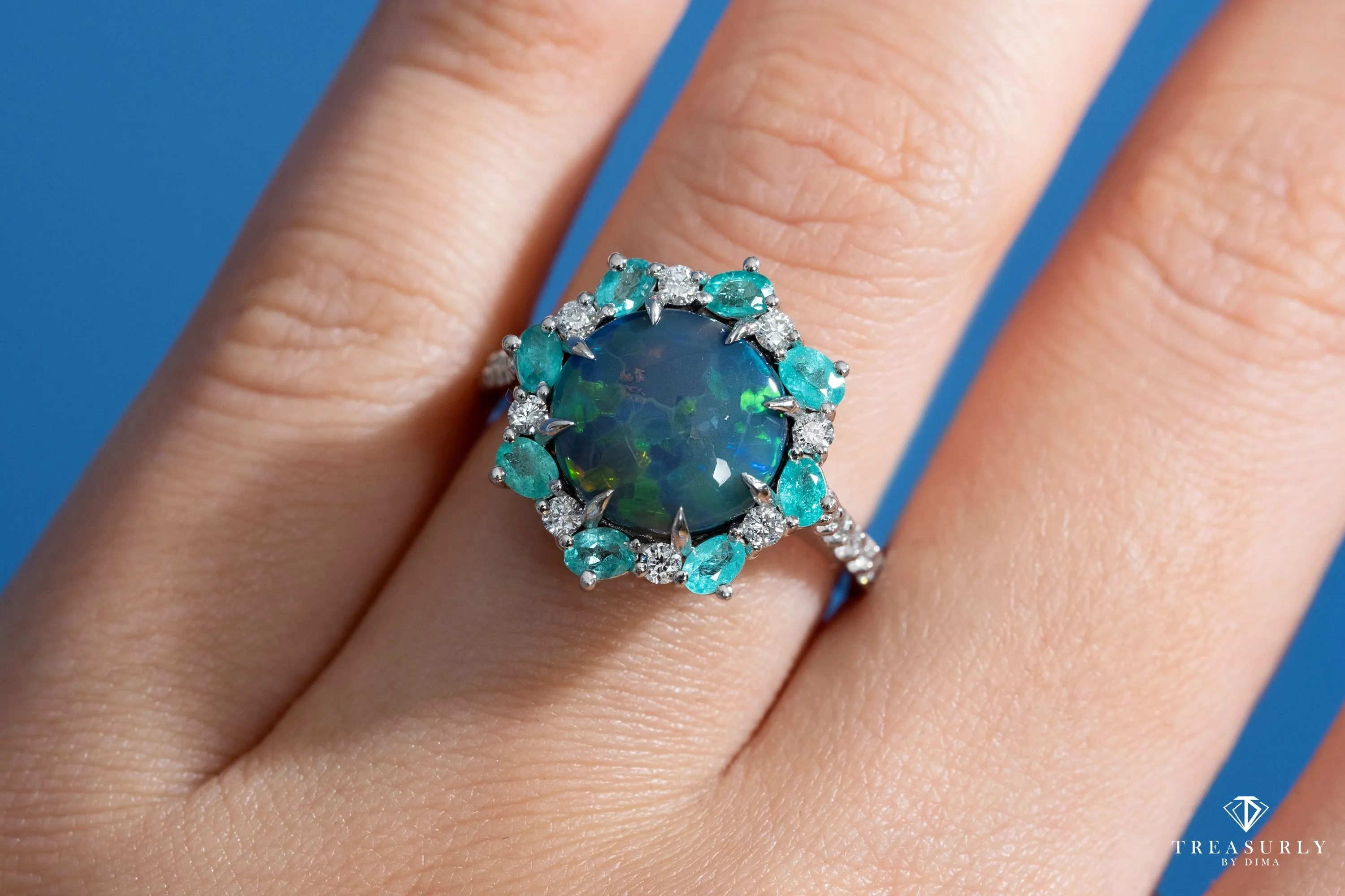 Rare 3.68ctct Australian Black OPAL PARAIBA Tourmaline DIAMOND Cluster Platinum Ring