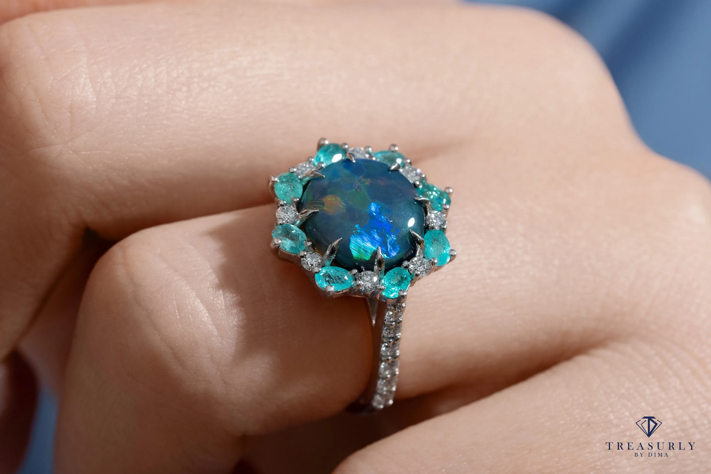 Rare 3.68ctct Australian Black OPAL PARAIBA Tourmaline DIAMOND Cluster Platinum Ring