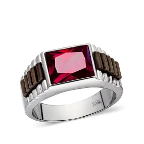 Red Ruby Jewelry Statement Solid Fine 14K White Gold Men's Wide Ring