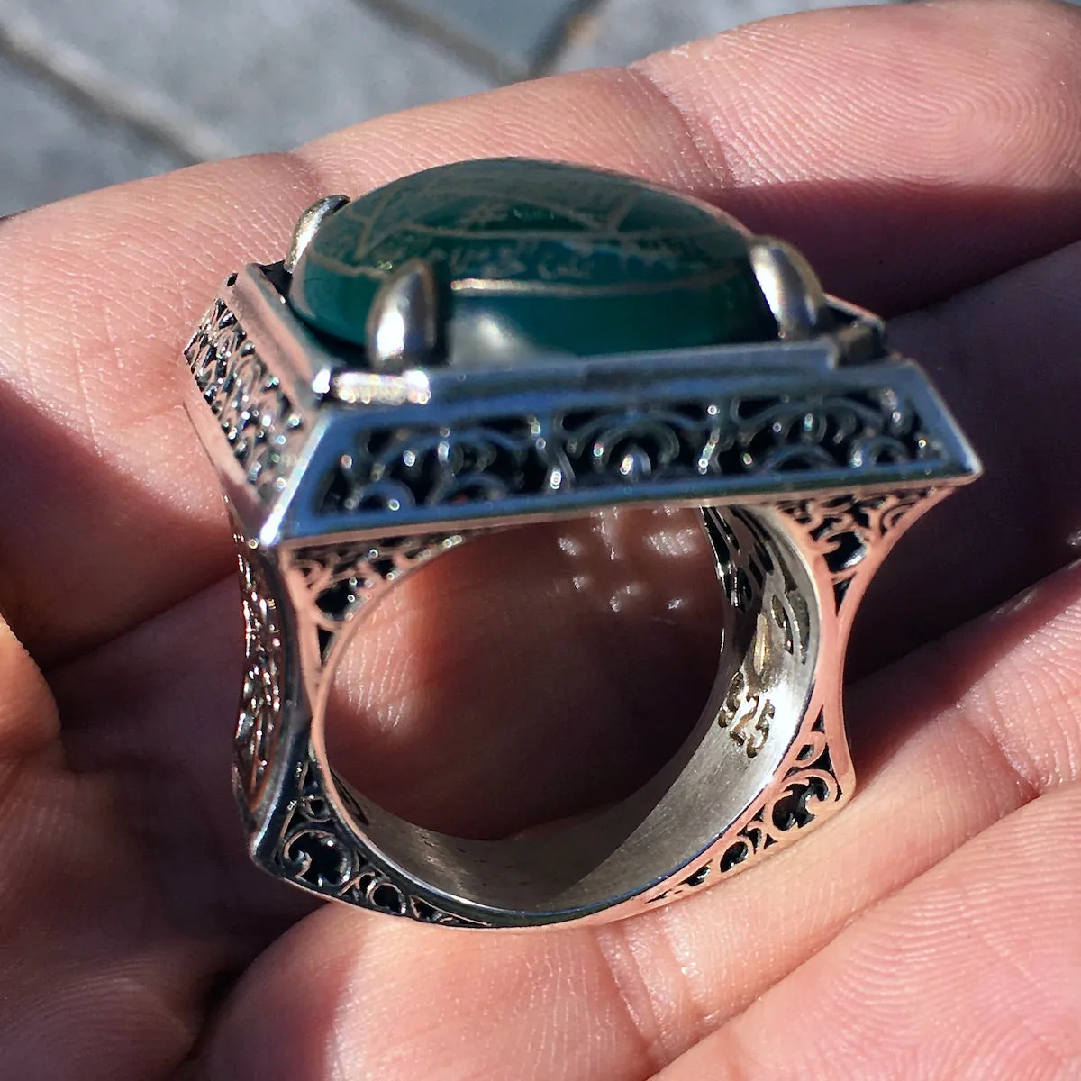 Ring 925 Sterling Silver Seal of Solomon Hand-engraved green Agate natural gemstone Unique Islamic Talisman Amulet