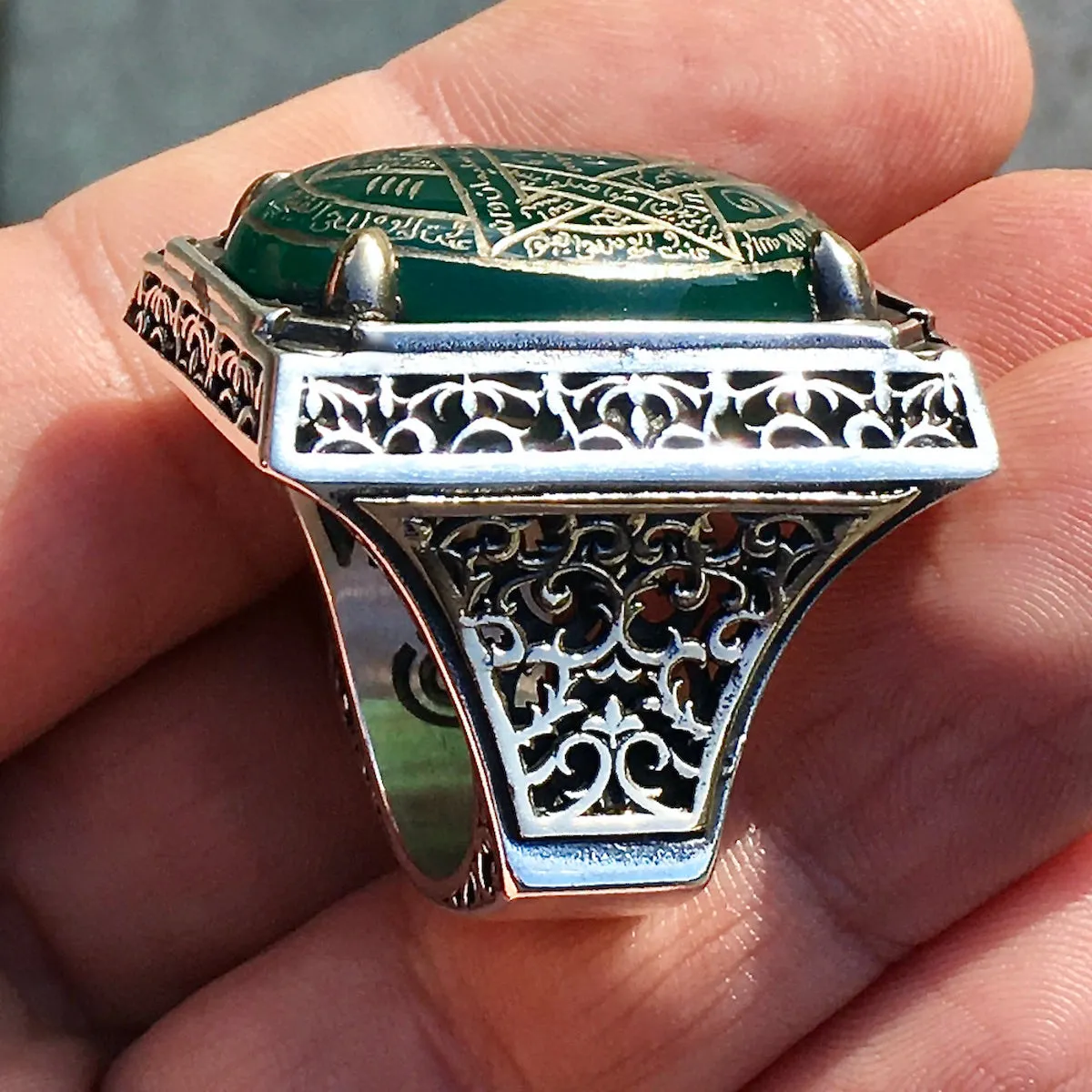 Ring 925 Sterling Silver Seal of Solomon Hand-engraved green Agate natural gemstone Unique Islamic Talisman Amulet