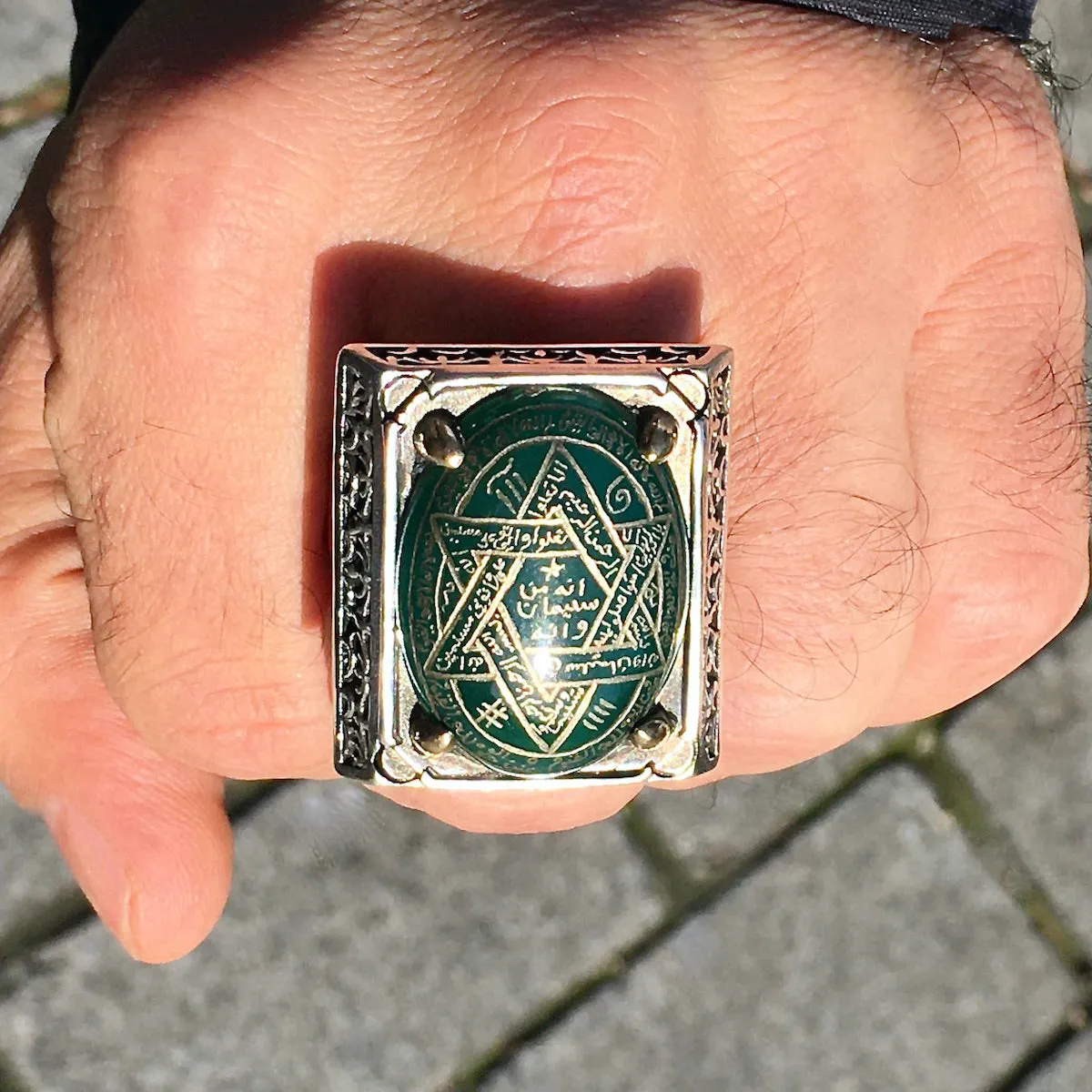 Ring 925 Sterling Silver Seal of Solomon Hand-engraved green Agate natural gemstone Unique Islamic Talisman Amulet