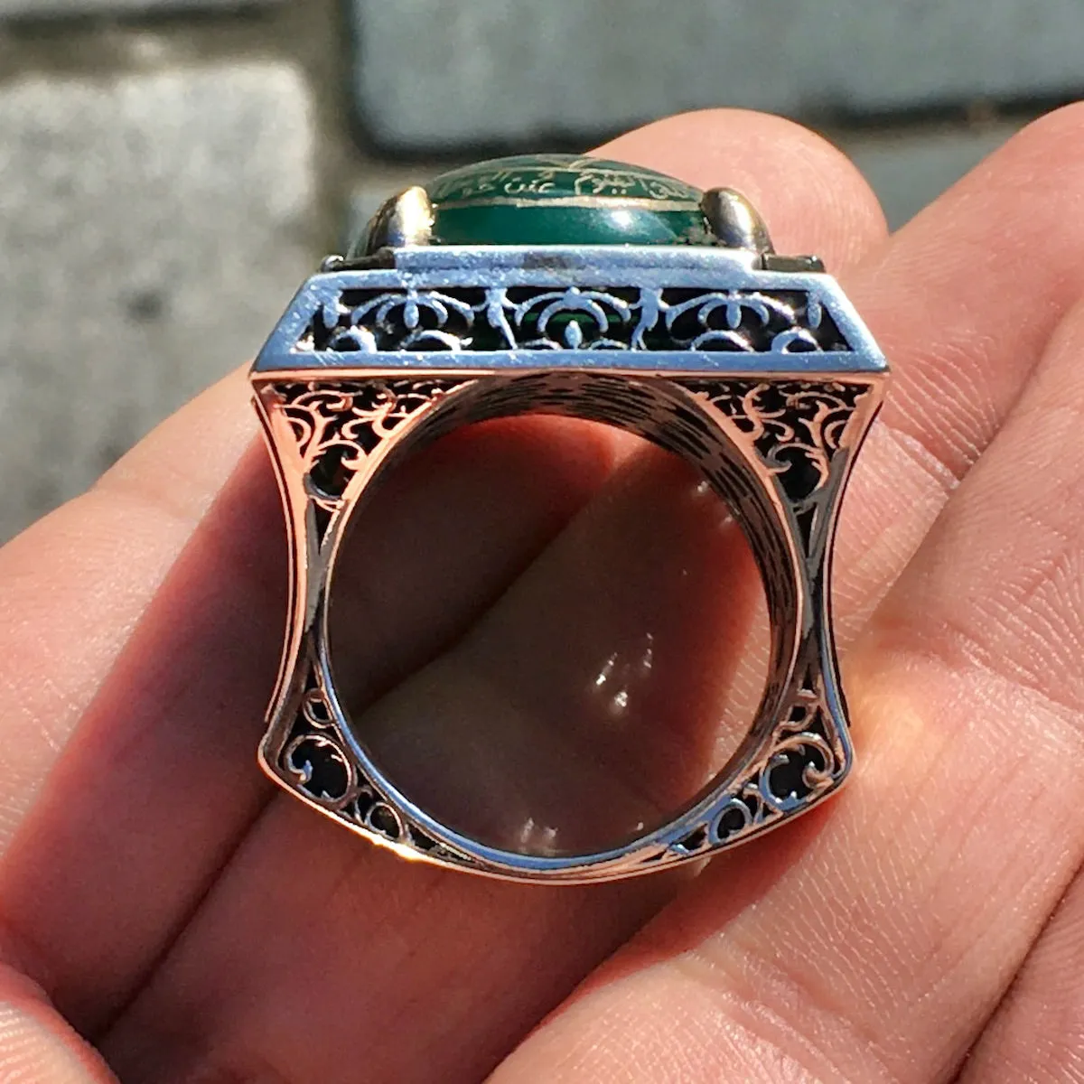 Ring 925 Sterling Silver Seal of Solomon Hand-engraved green Agate natural gemstone Unique Islamic Talisman Amulet