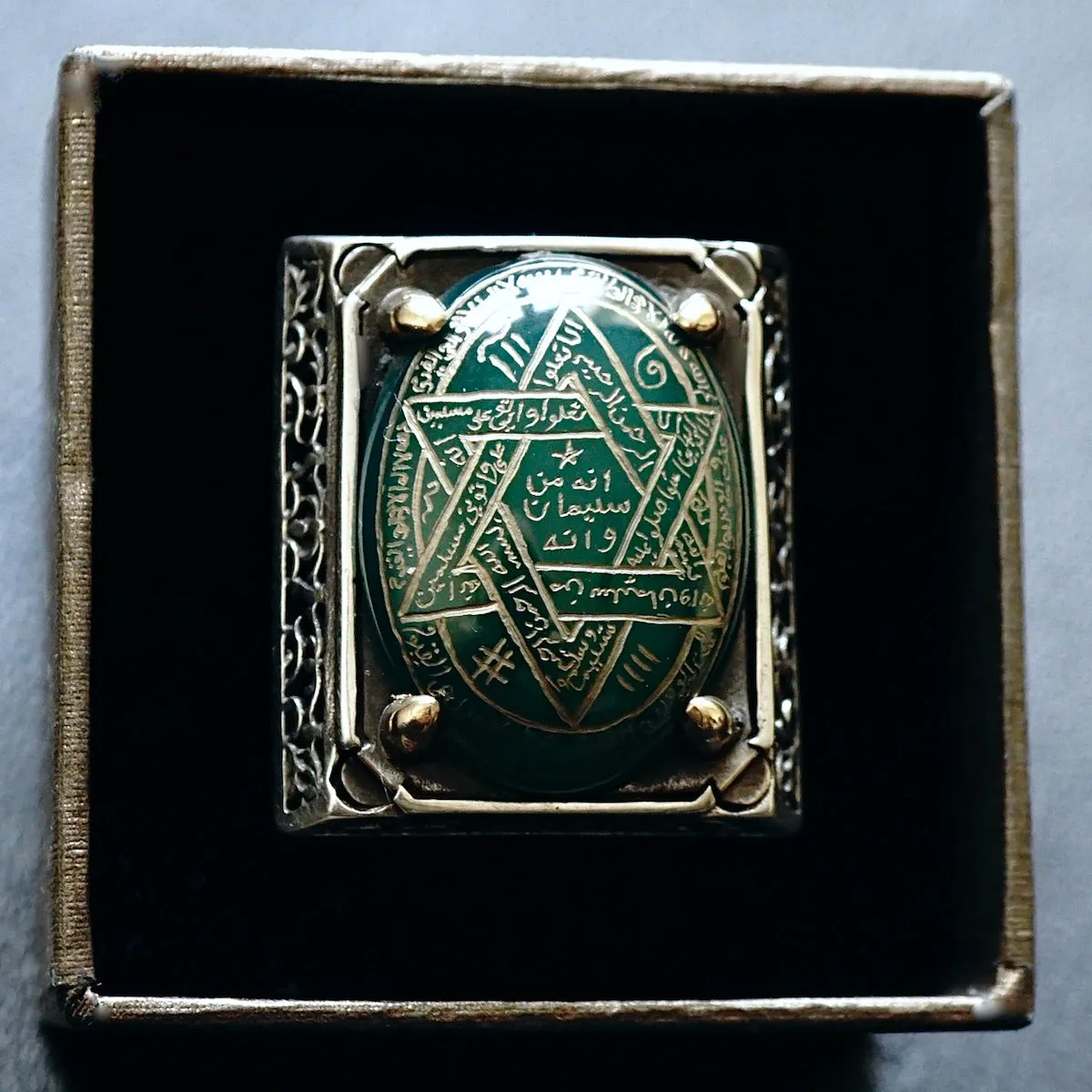 Ring 925 Sterling Silver Seal of Solomon Hand-engraved green Agate natural gemstone Unique Islamic Talisman Amulet