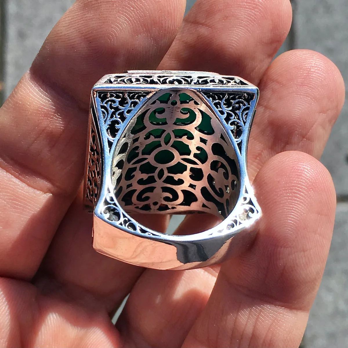 Ring 925 Sterling Silver Seal of Solomon Hand-engraved green Agate natural gemstone Unique Islamic Talisman Amulet