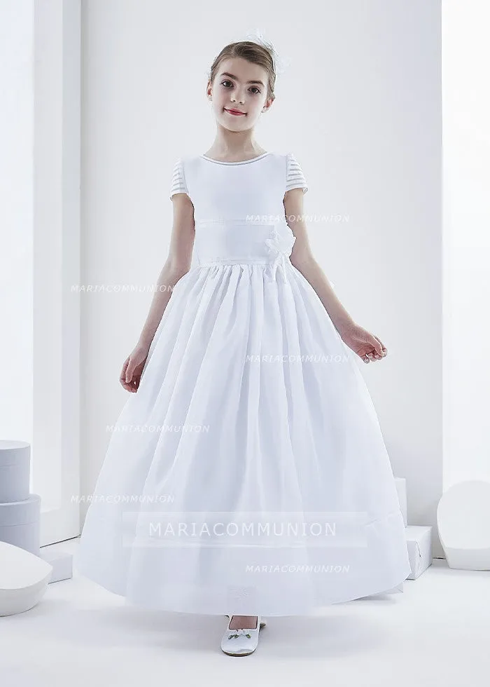 Short Sleeve Ball Gown Organza First Communion Dress with Big Bow