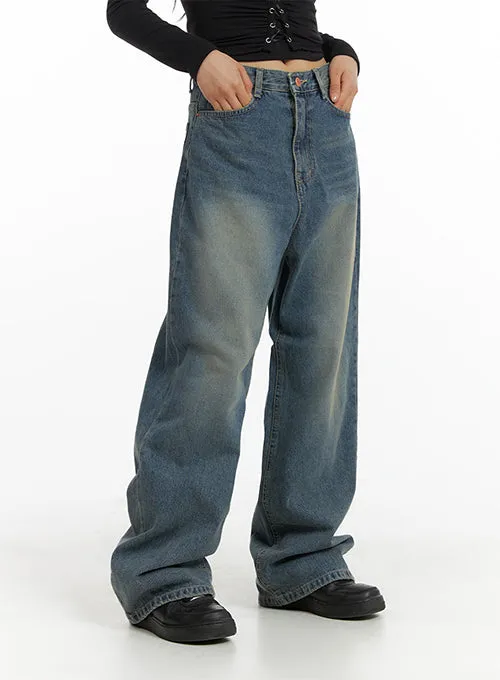 Solid Mid Waist Pocket Straight Leg Jeans IJ411