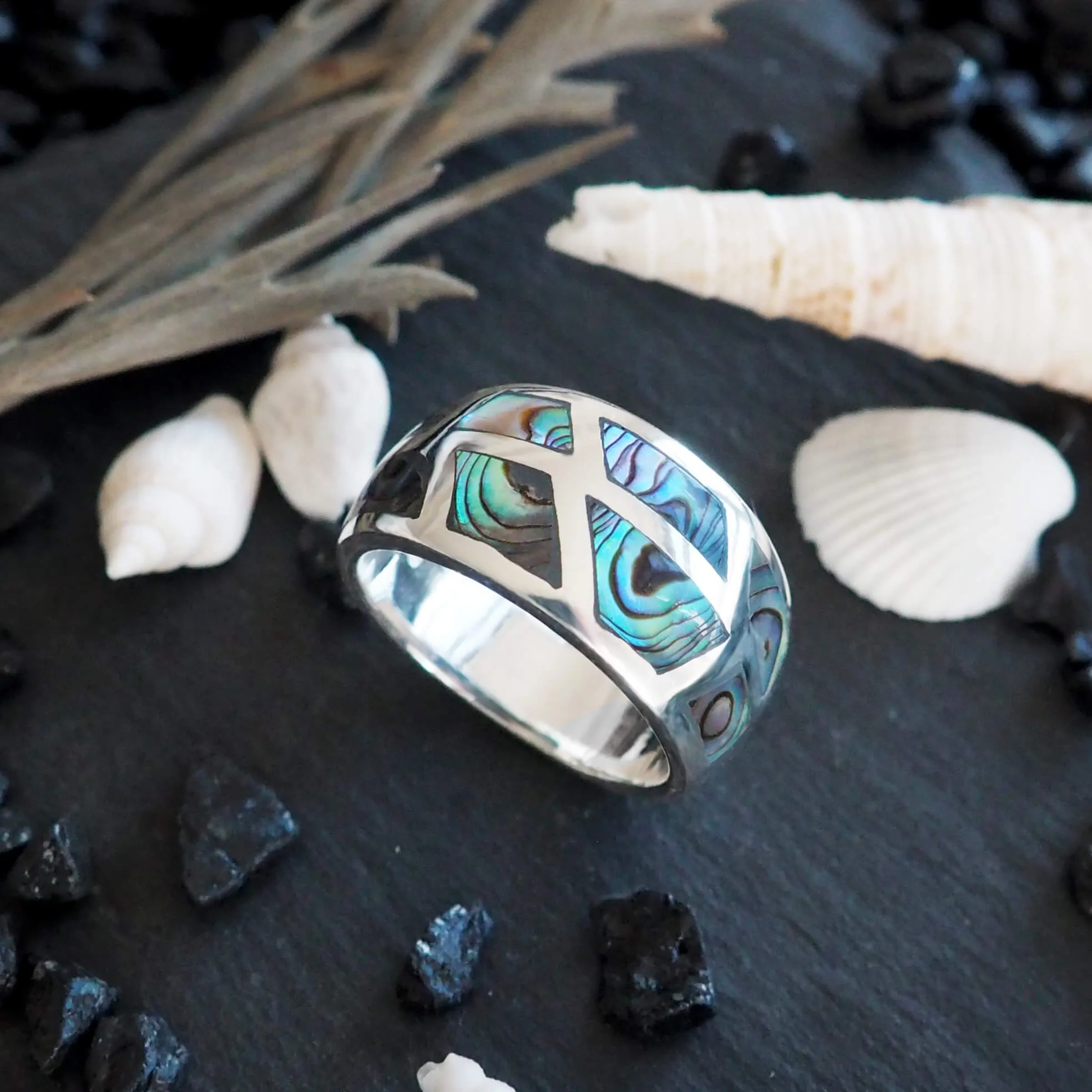 Sterling Silver Abalone Paua Shell Tapered Band Ring