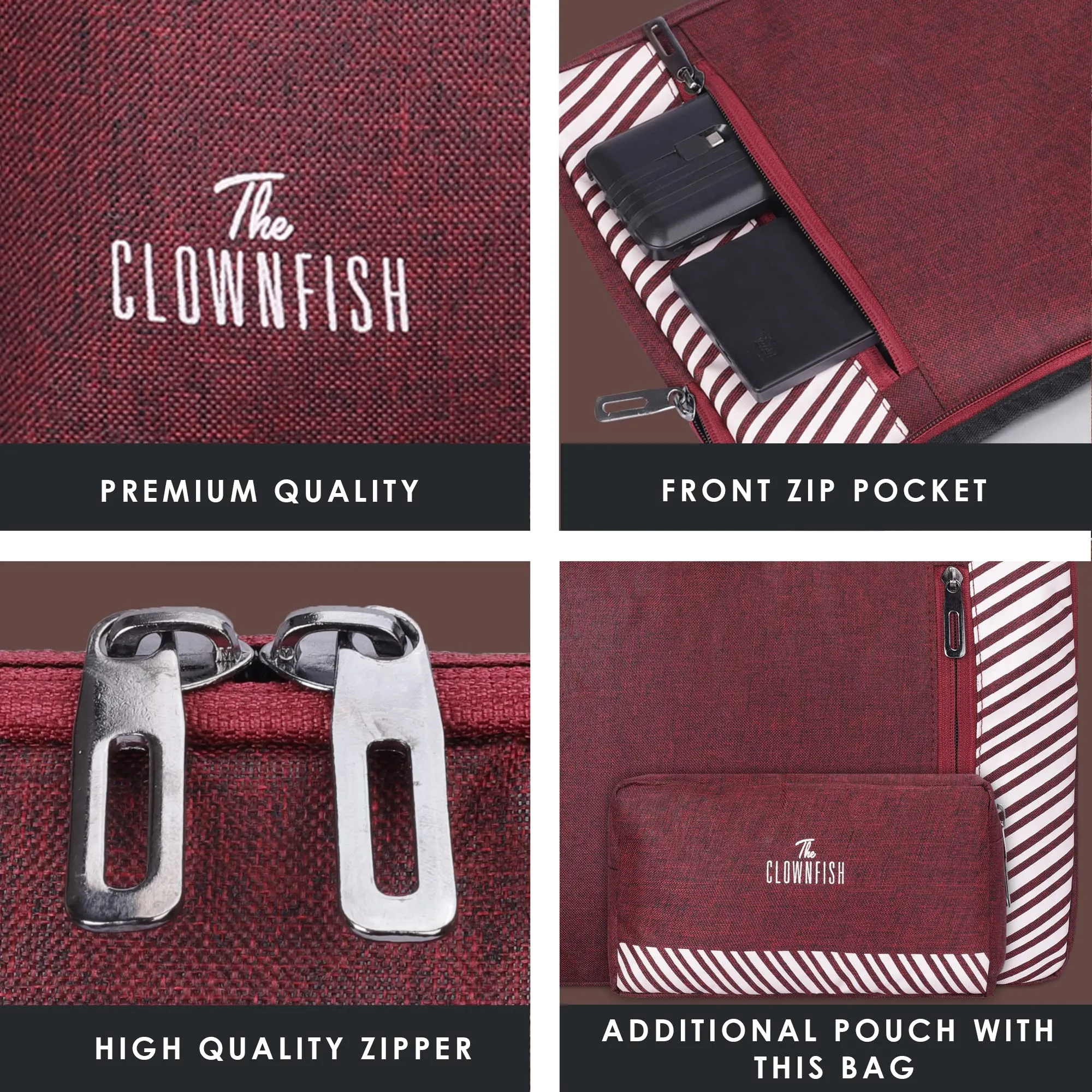 The Clownfish Combo of Algo Series Polyester 14 inch Laptop Sleeve & Scholar Series Multipurpose Polyester Travel Pouch Pencil Case Toiletry Bag (Maroon)