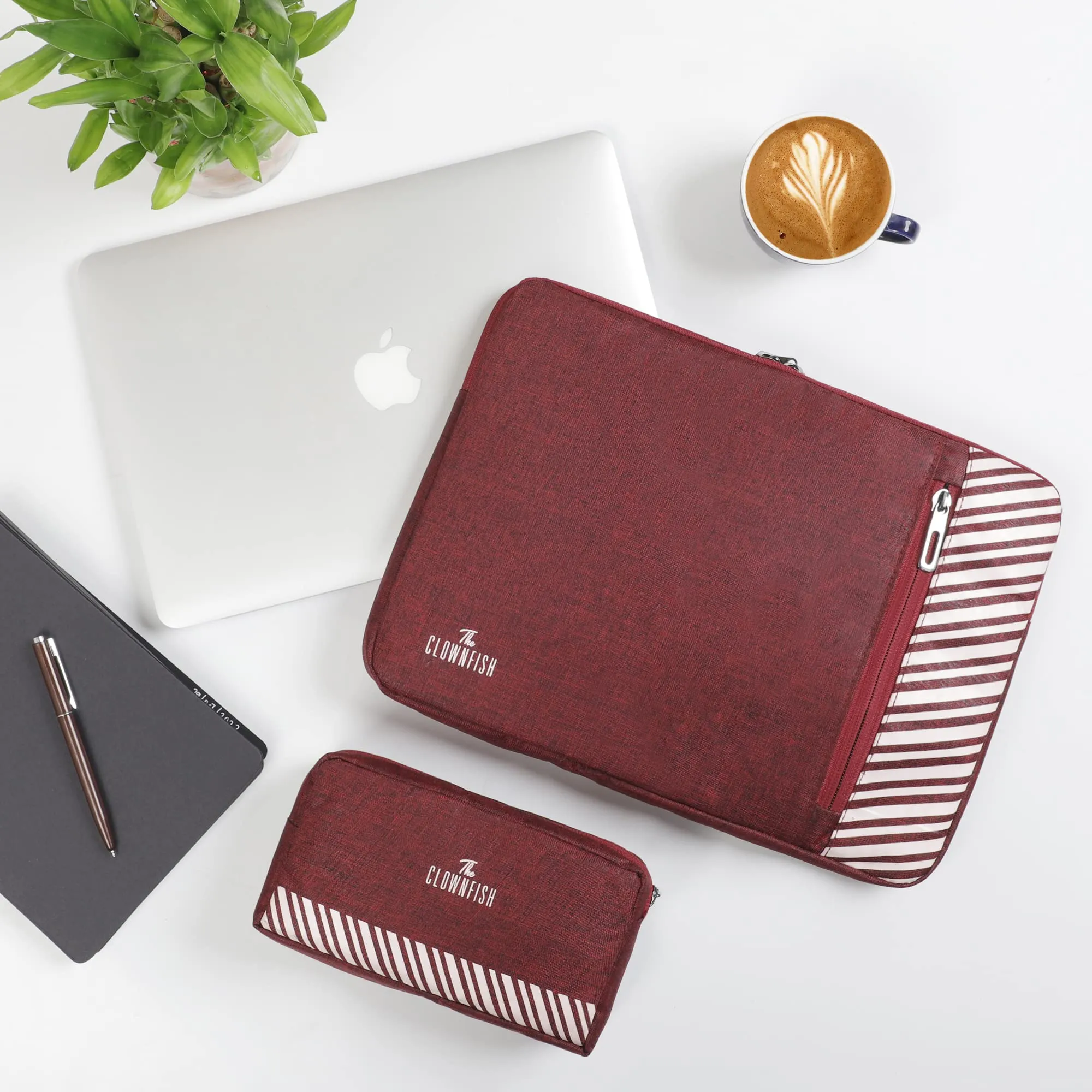 The Clownfish Combo of Algo Series Polyester 14 inch Laptop Sleeve & Scholar Series Multipurpose Polyester Travel Pouch Pencil Case Toiletry Bag (Maroon)