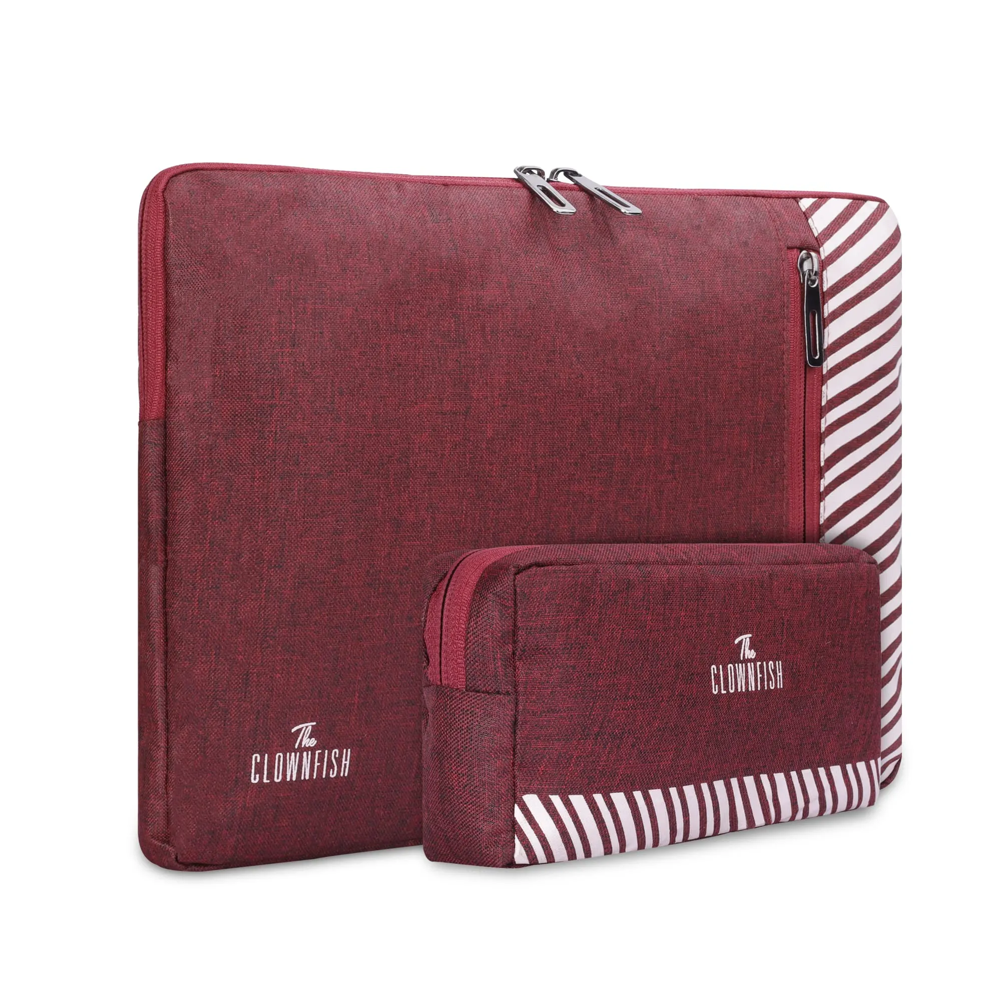 The Clownfish Combo of Algo Series Polyester 14 inch Laptop Sleeve & Scholar Series Multipurpose Polyester Travel Pouch Pencil Case Toiletry Bag (Maroon)