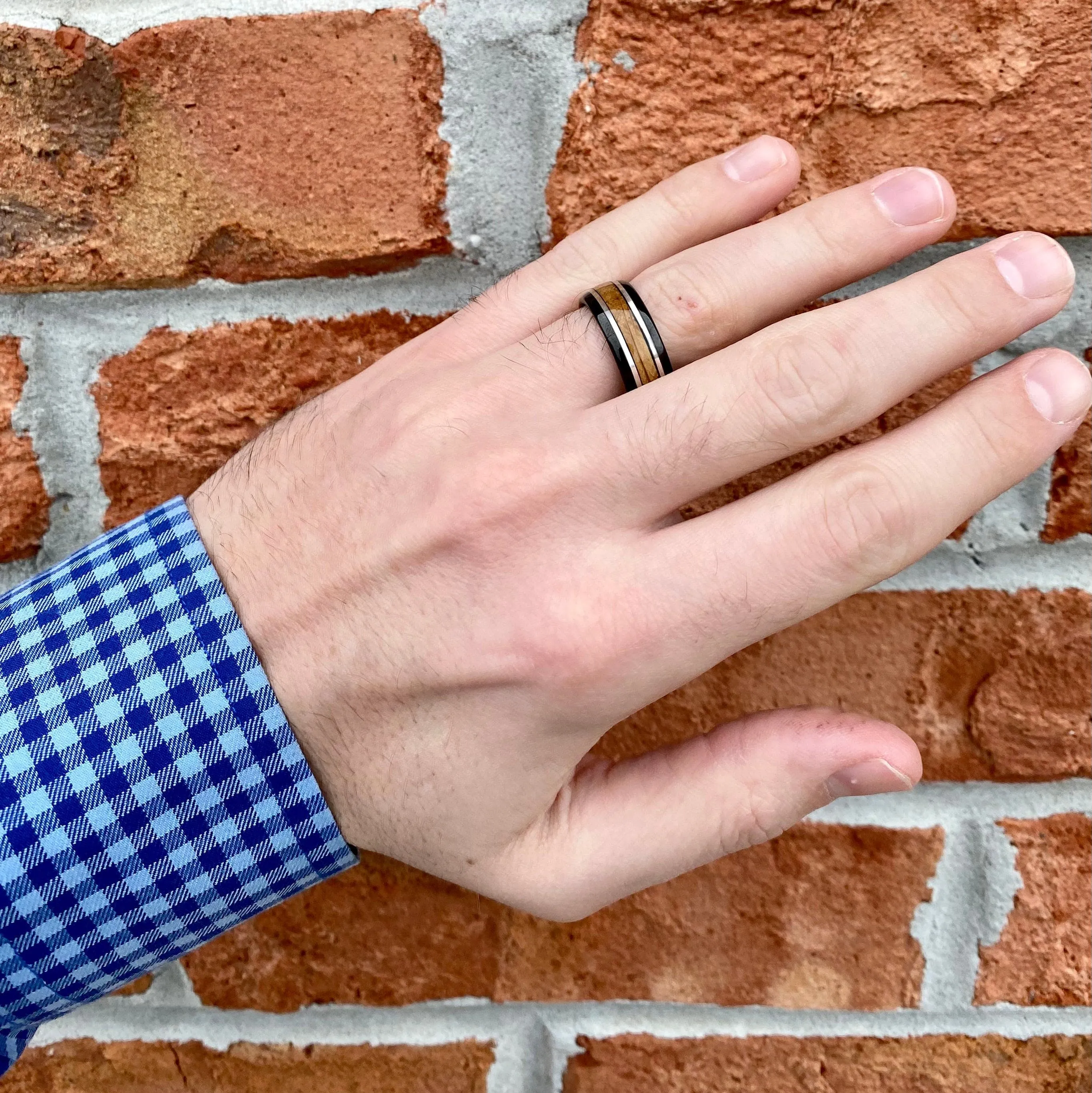 “The Ranger” Black Tungsten With Reclaimed Bourbon Barrel Ring™ With Real Sterling Silver Inlay